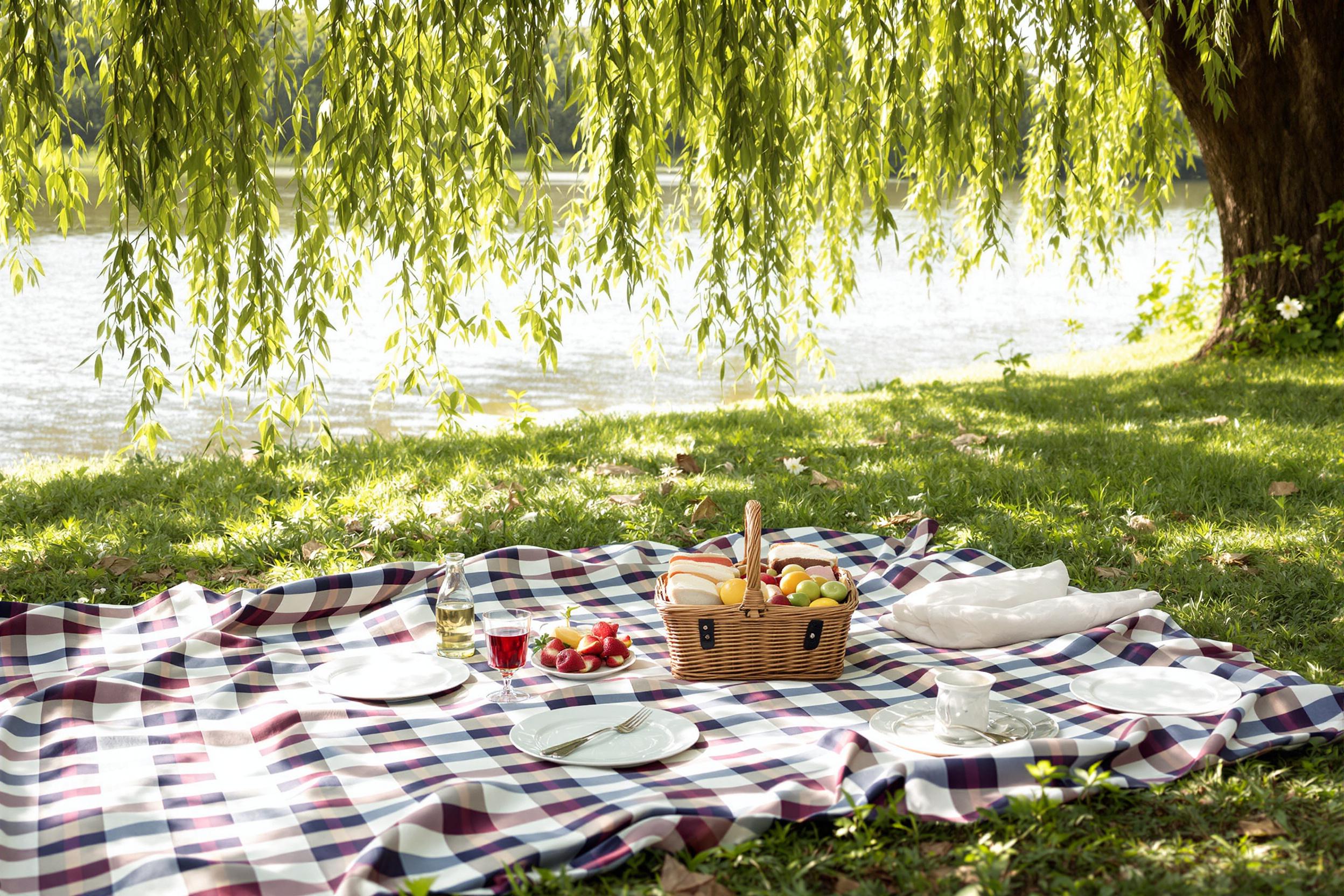Tranquil Riverside Picnic Scene Under a Willow Tree