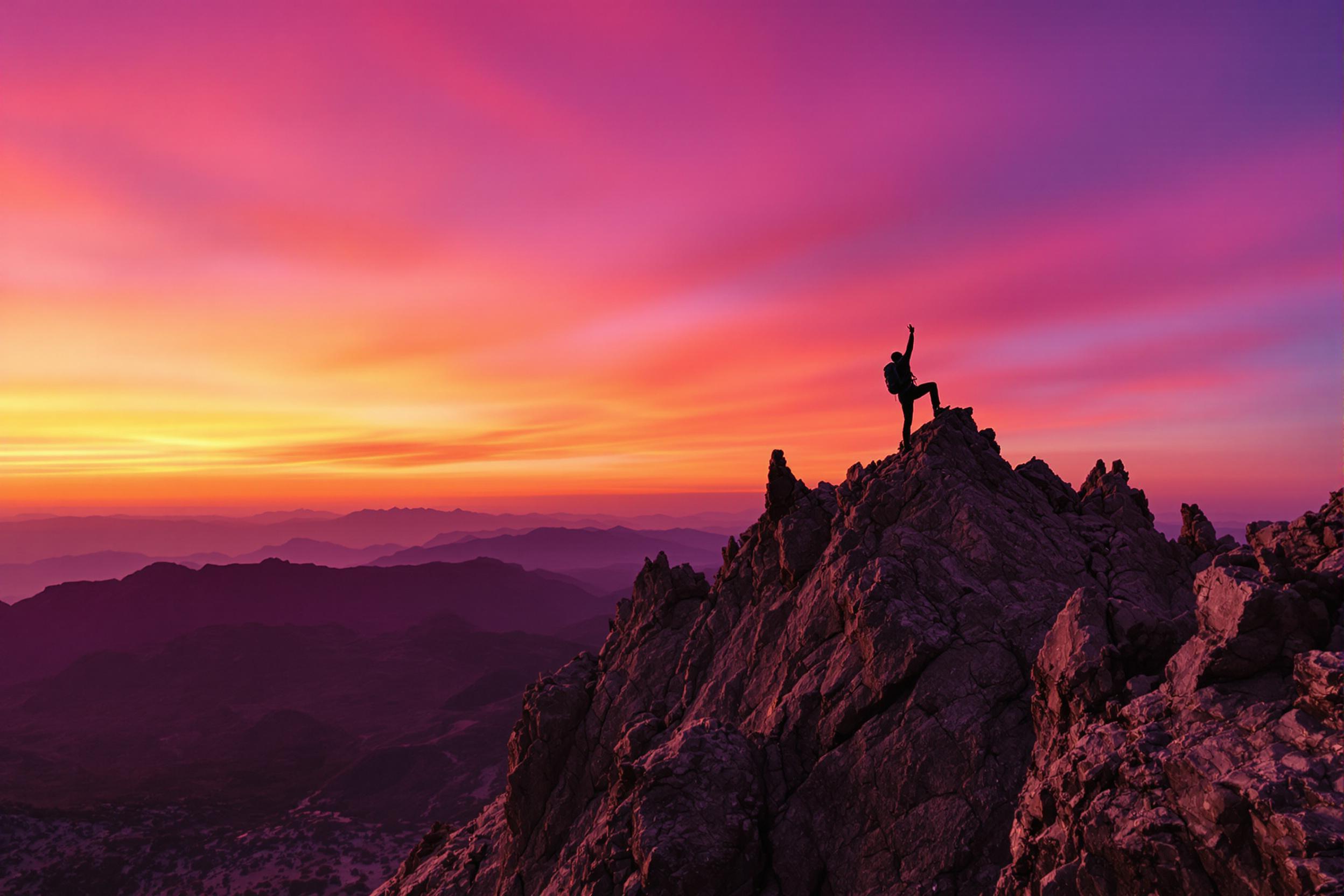 Rock climber silhouetted against vivid sunset