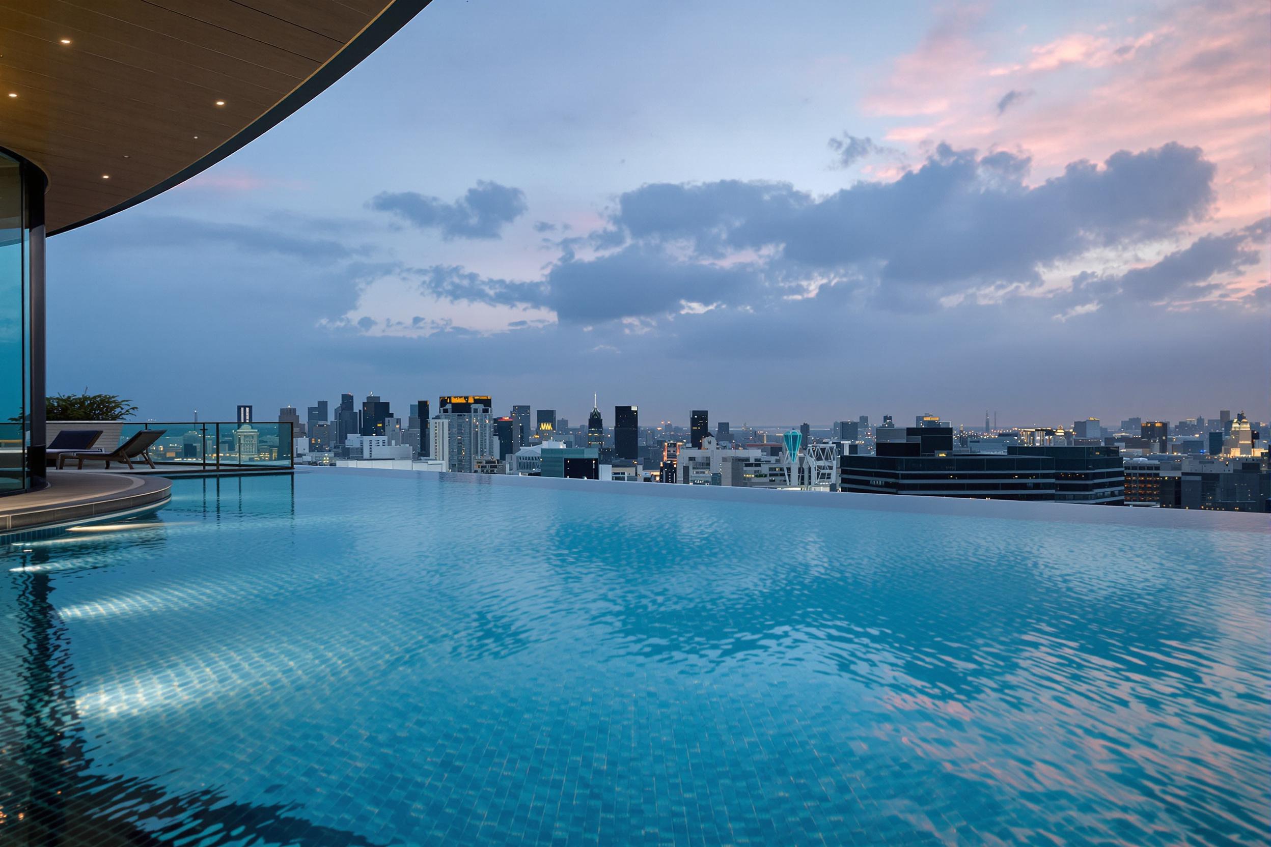 Rooftop Infinity Pool with Urban Skyline at Dusk