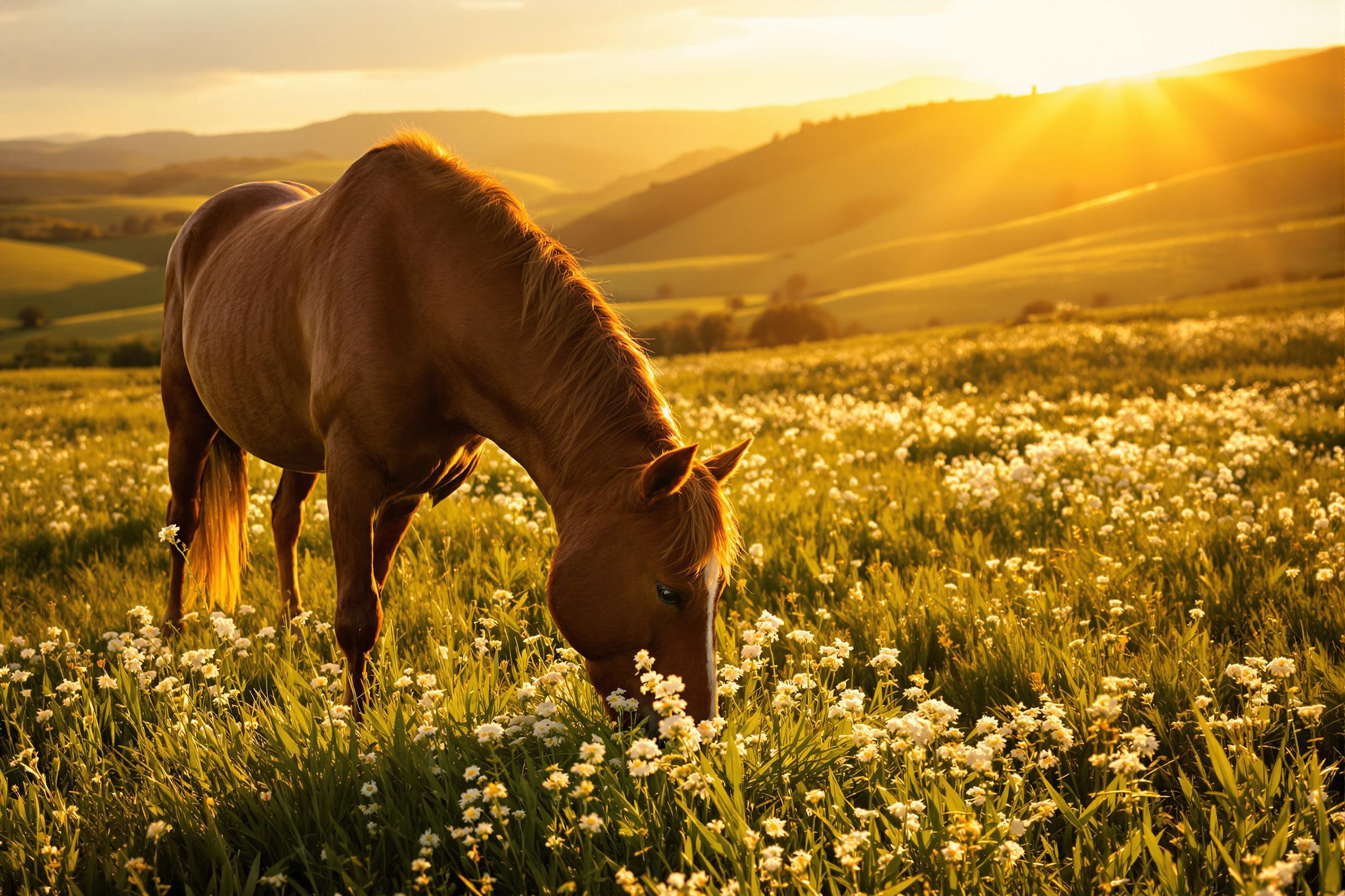 Serene Horse Grazing at Sunset in a Tranquil Landscape