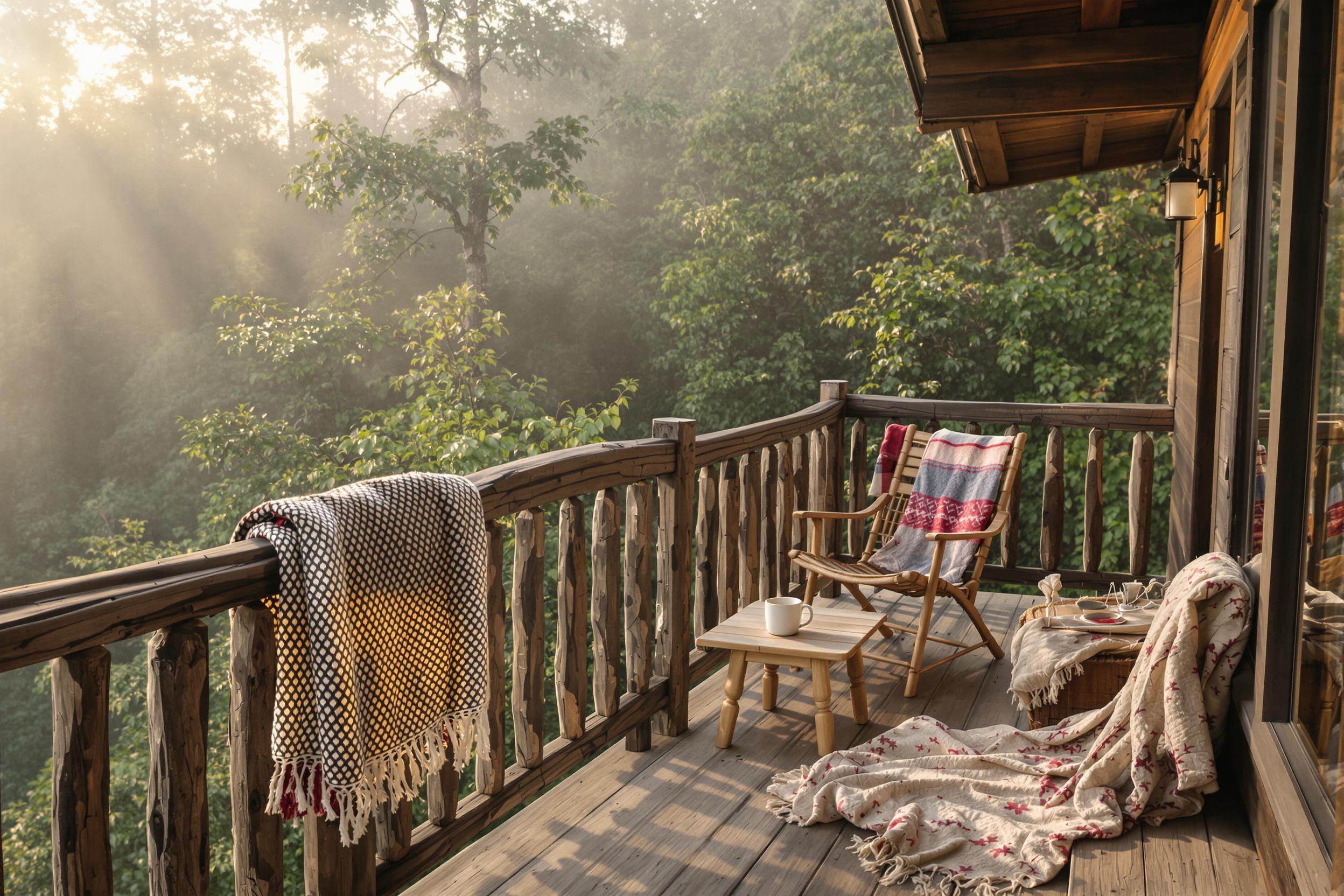 Rustic Wooden Balcony in Morning Mist