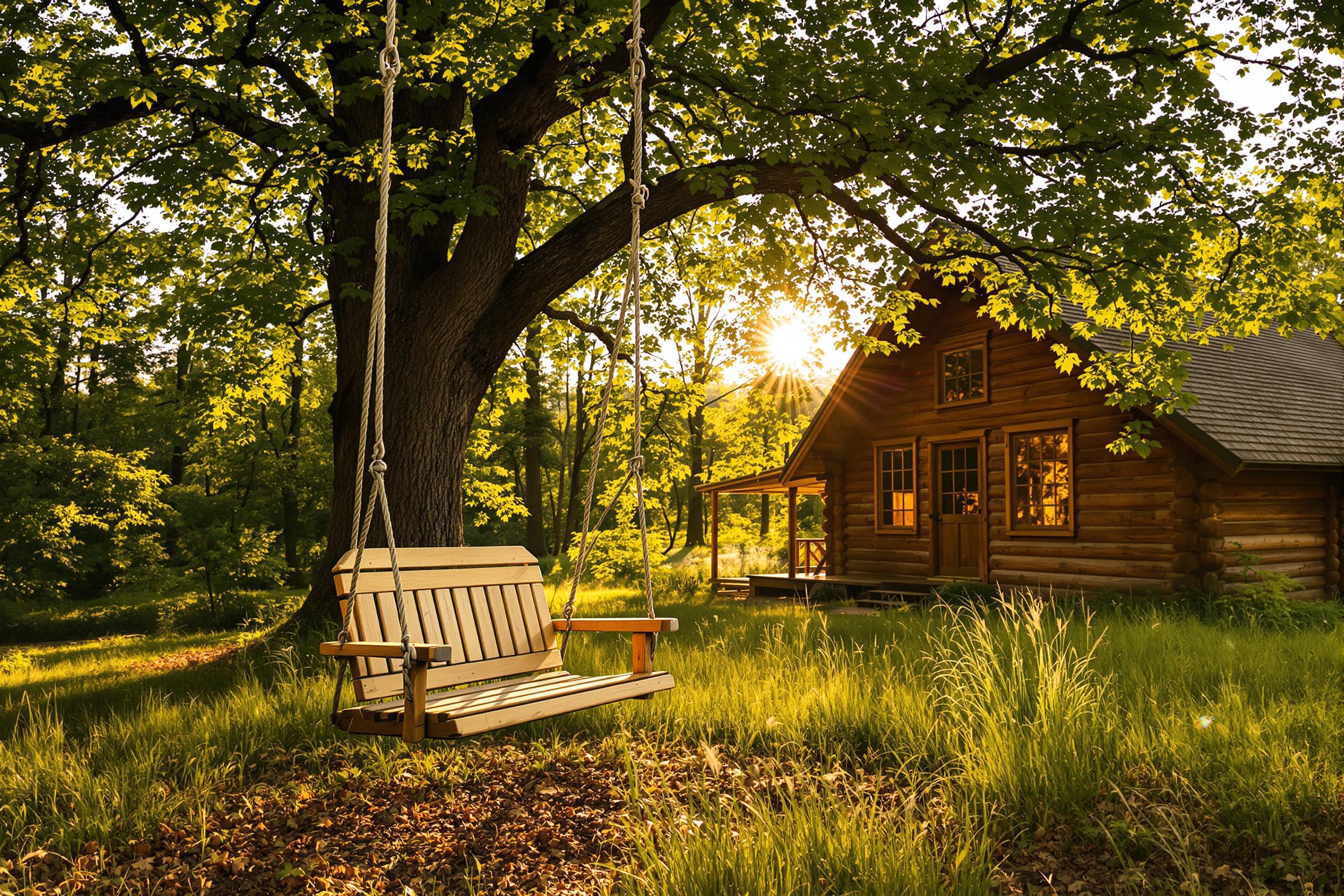 Golden-Hour Glow Beneath Oak Swing