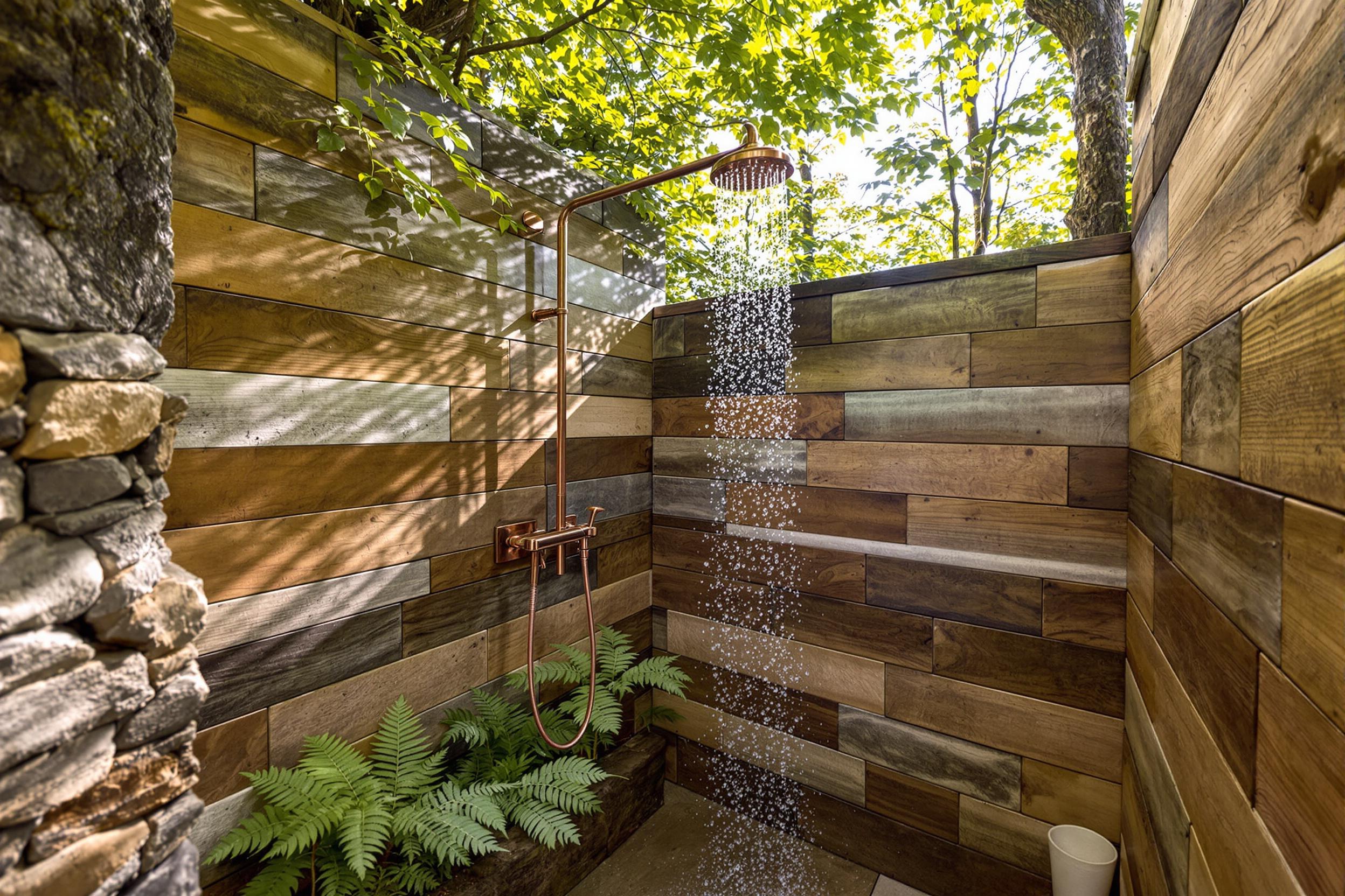 Rustic Open-Air Shower in Forest Haven