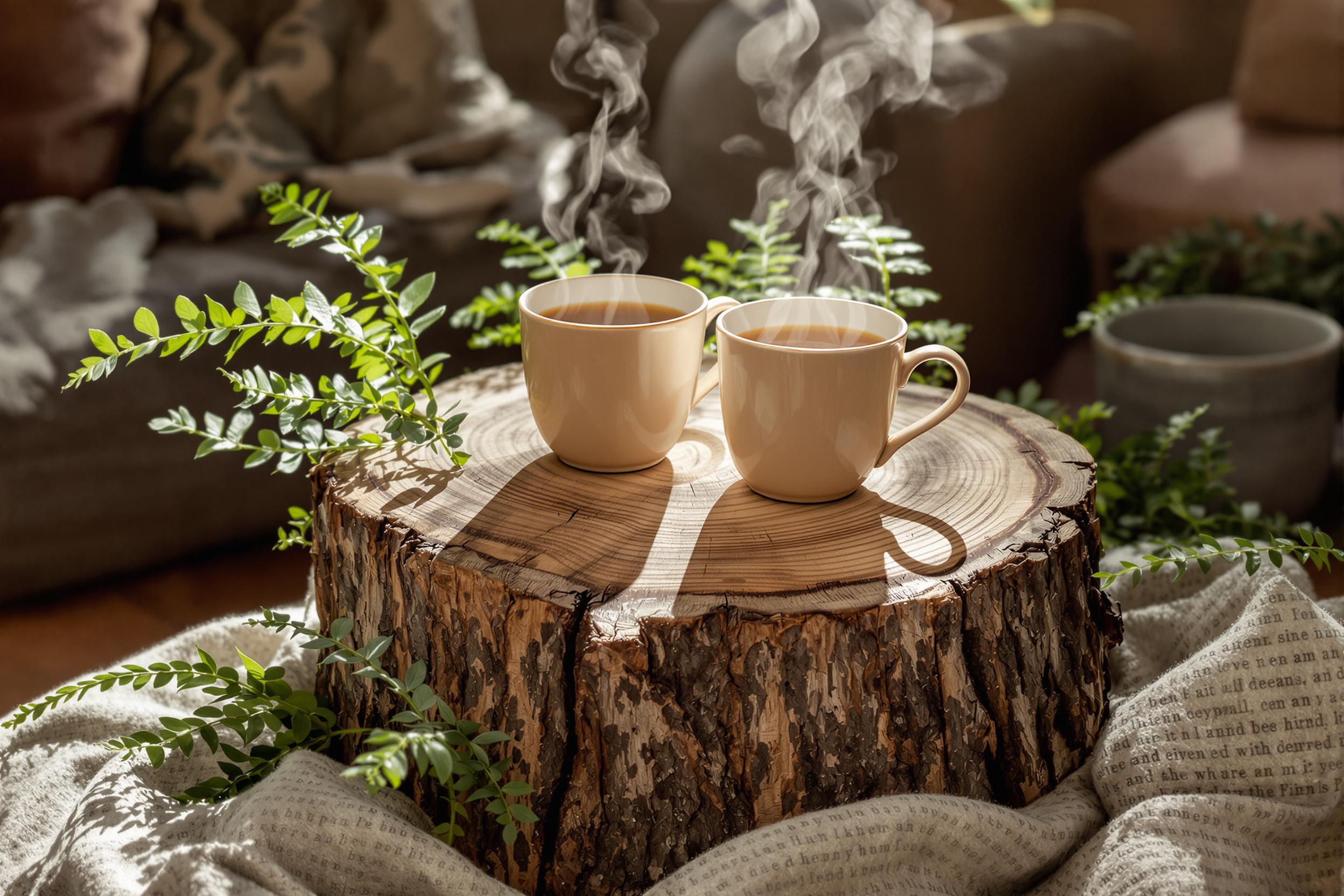 Rustic Cabin Morning Tea Scene on Forest Log