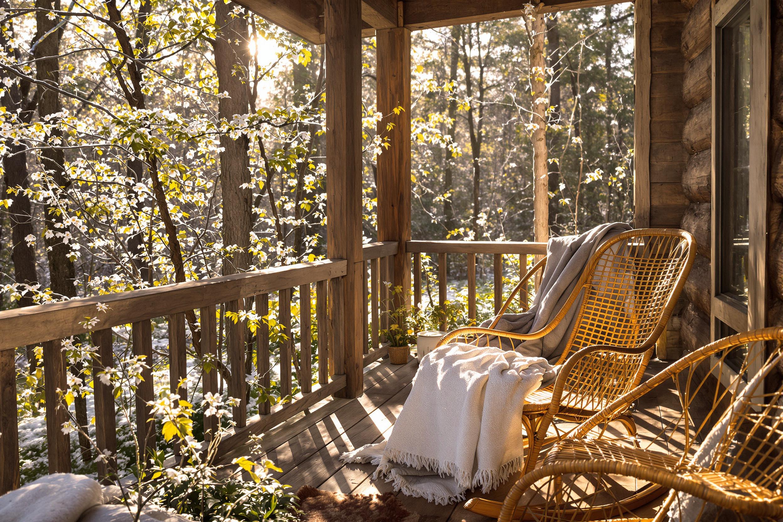 Early Spring Revival: Winter to Blossom Harmony Transition by Cabin Porch