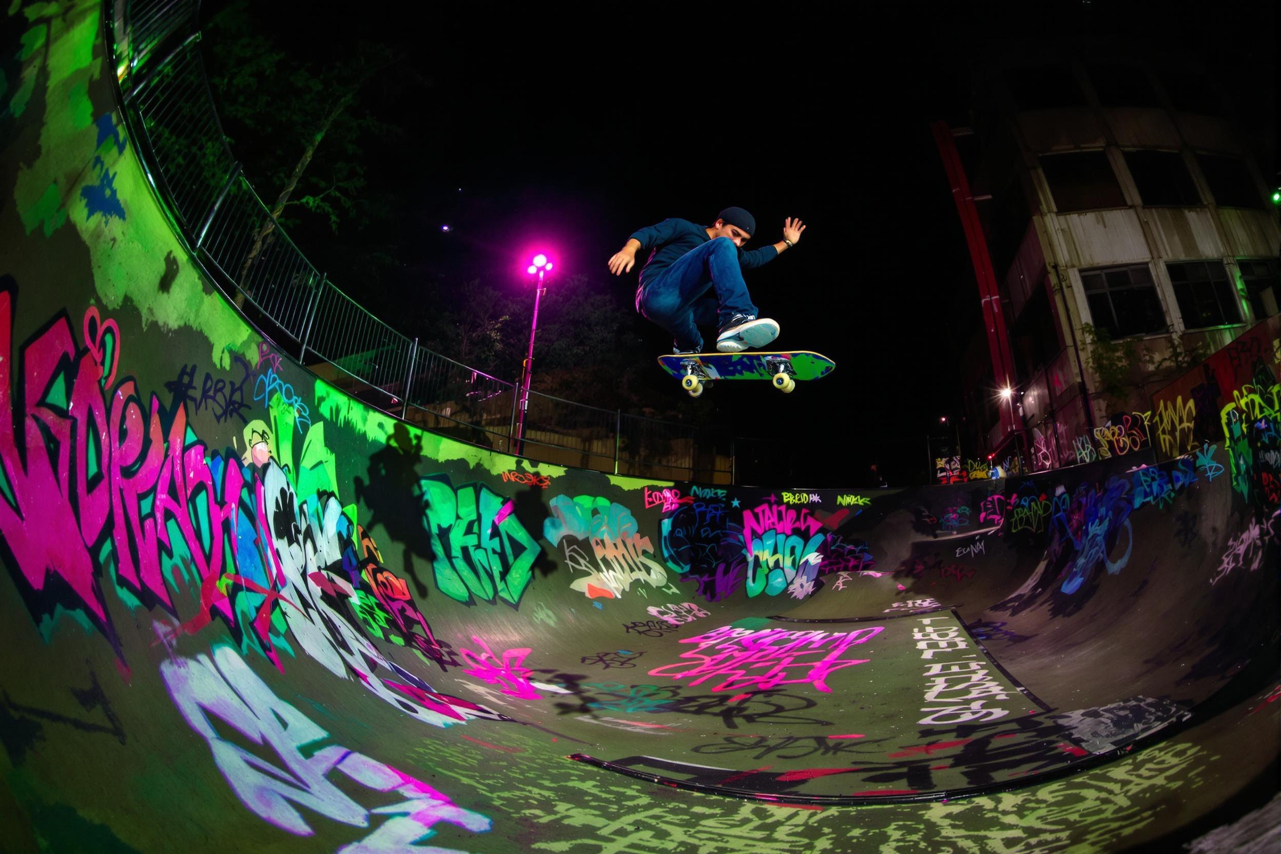 Nighttime Skatepark with Neon Lights and Aerial Action