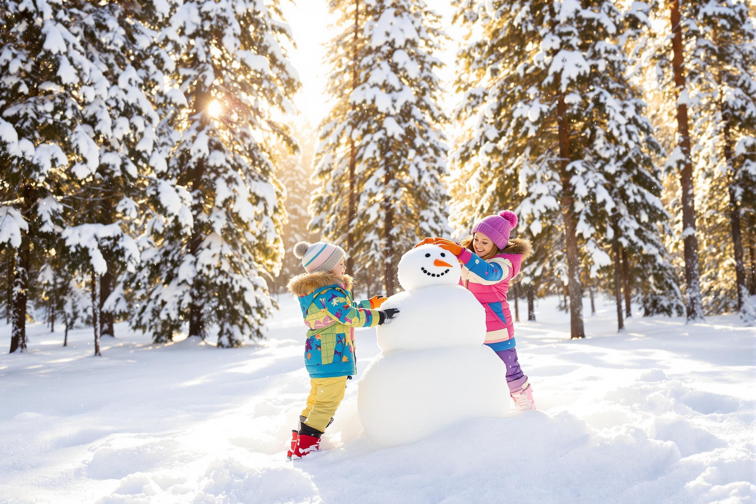 Children Playing in a Snowy Forest Constructing a Snowman