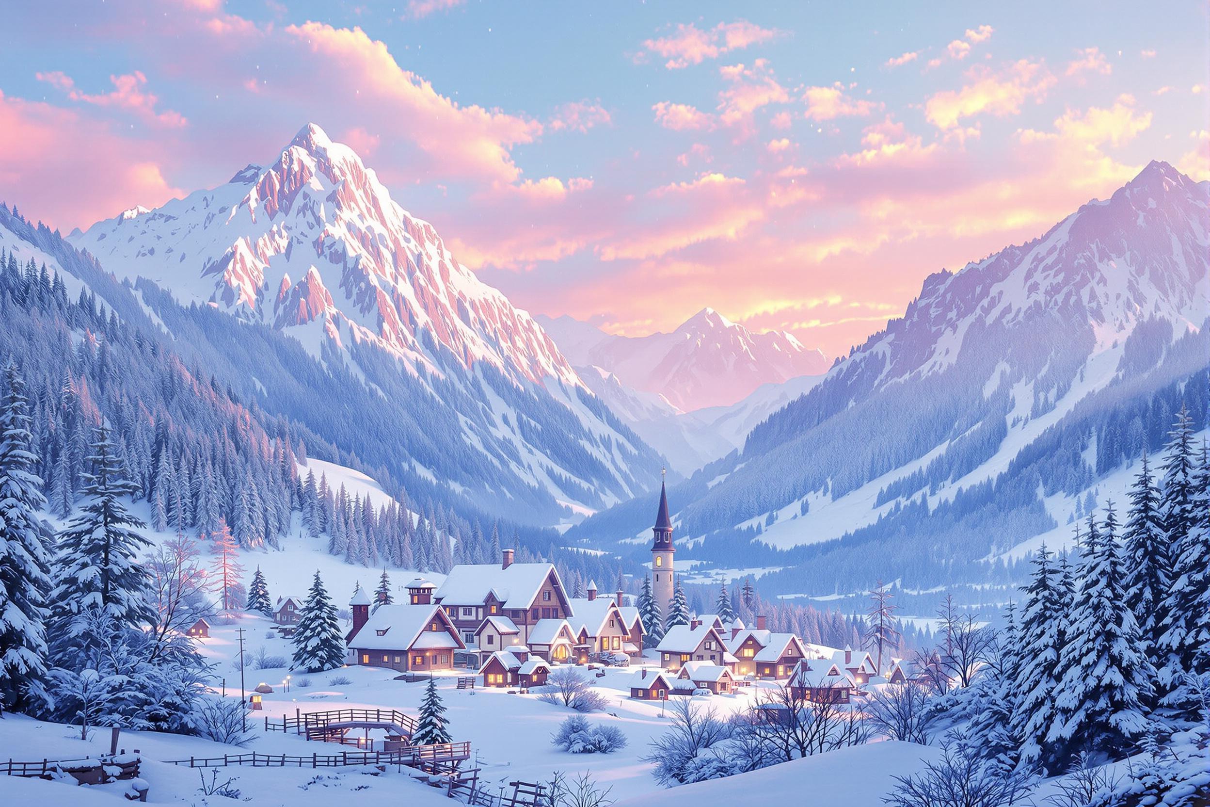 Snow Village Beneath Tranquil Twilight Sky