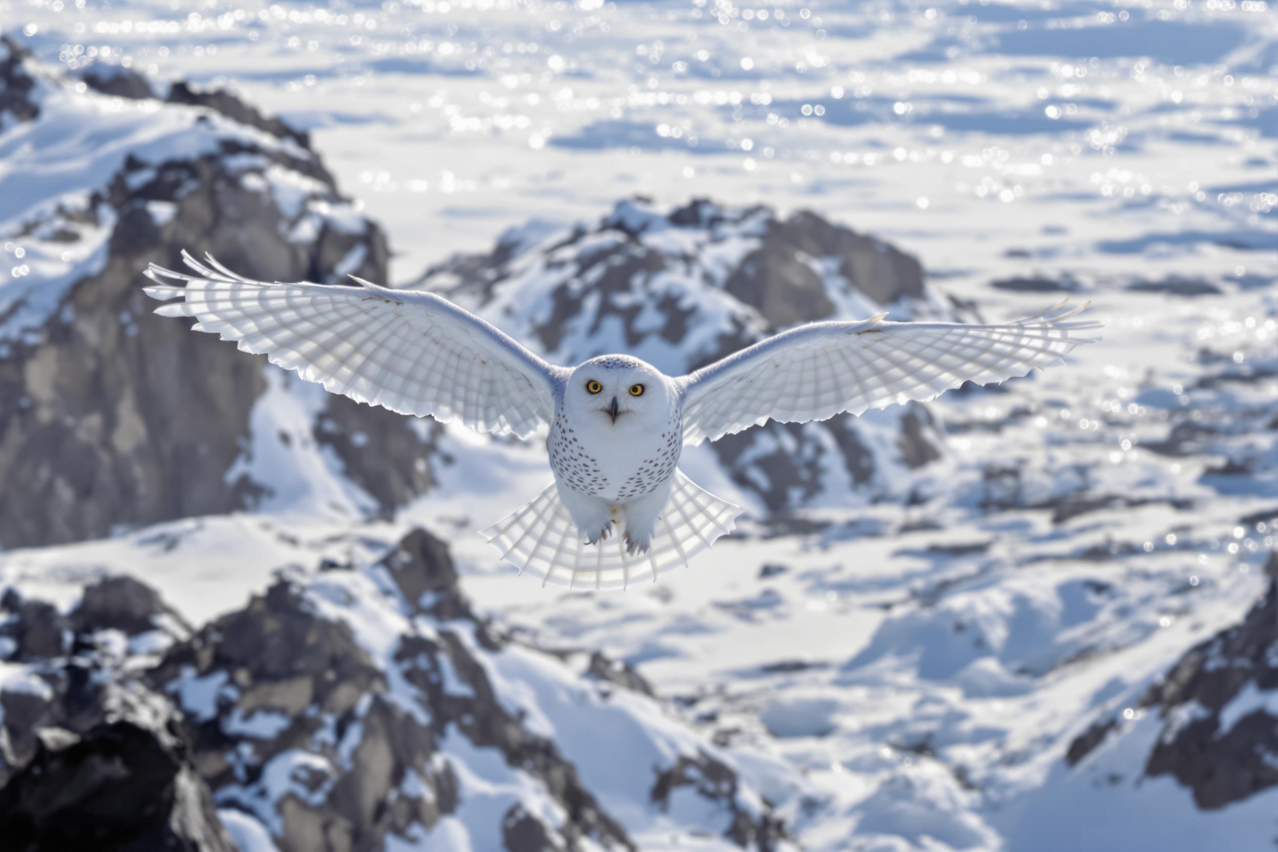 Snowy Owl in Flight Over Arctic Tundra