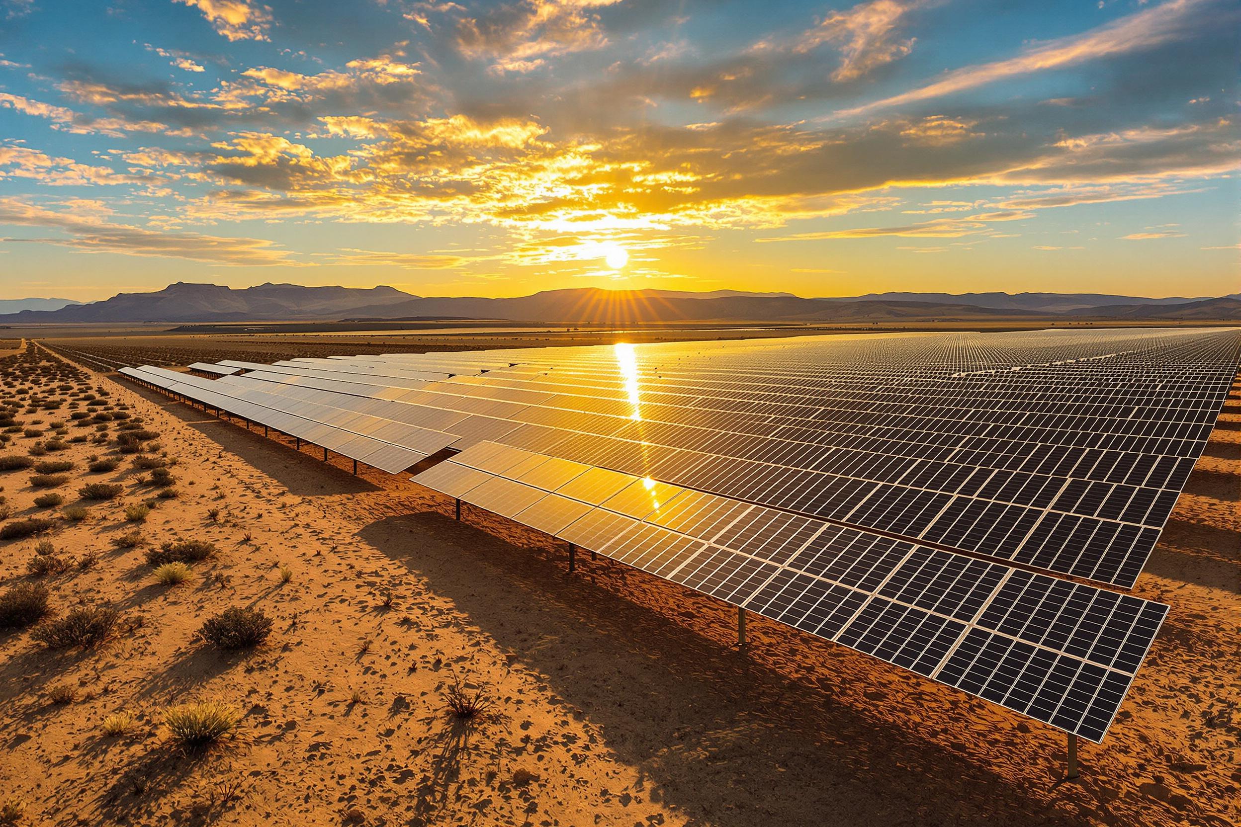 Expansive solar farm at golden hour