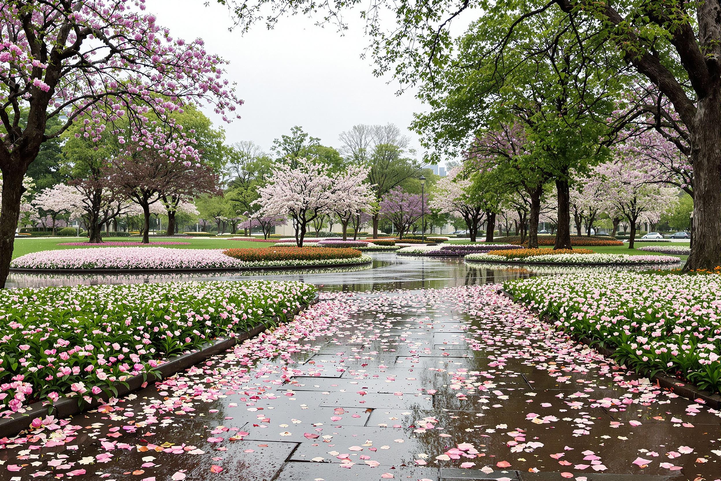 Tranquil Rain-Kissed City Park in Spring