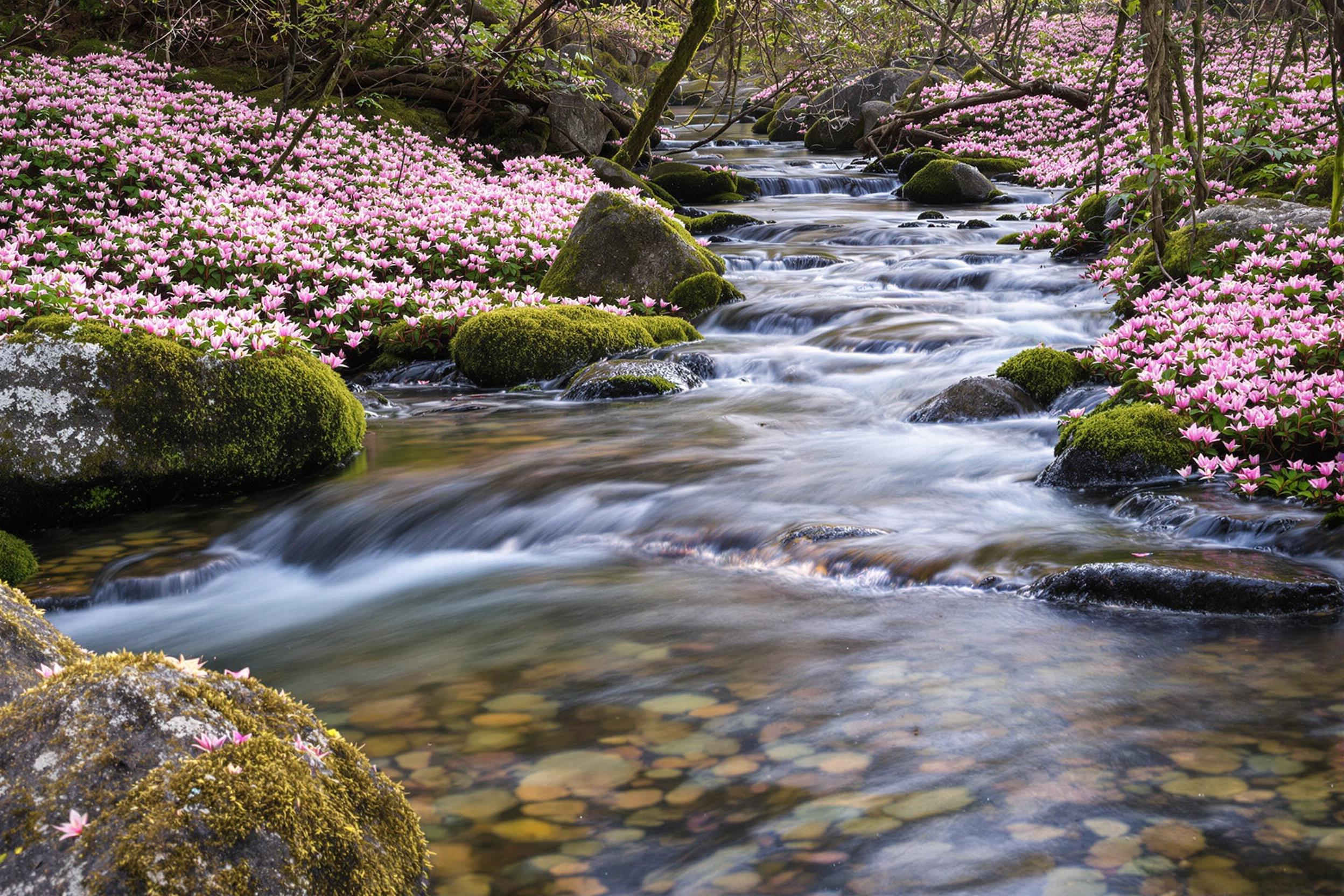Spring Woodland River with Mossy Stones and Ephemeral Lilies