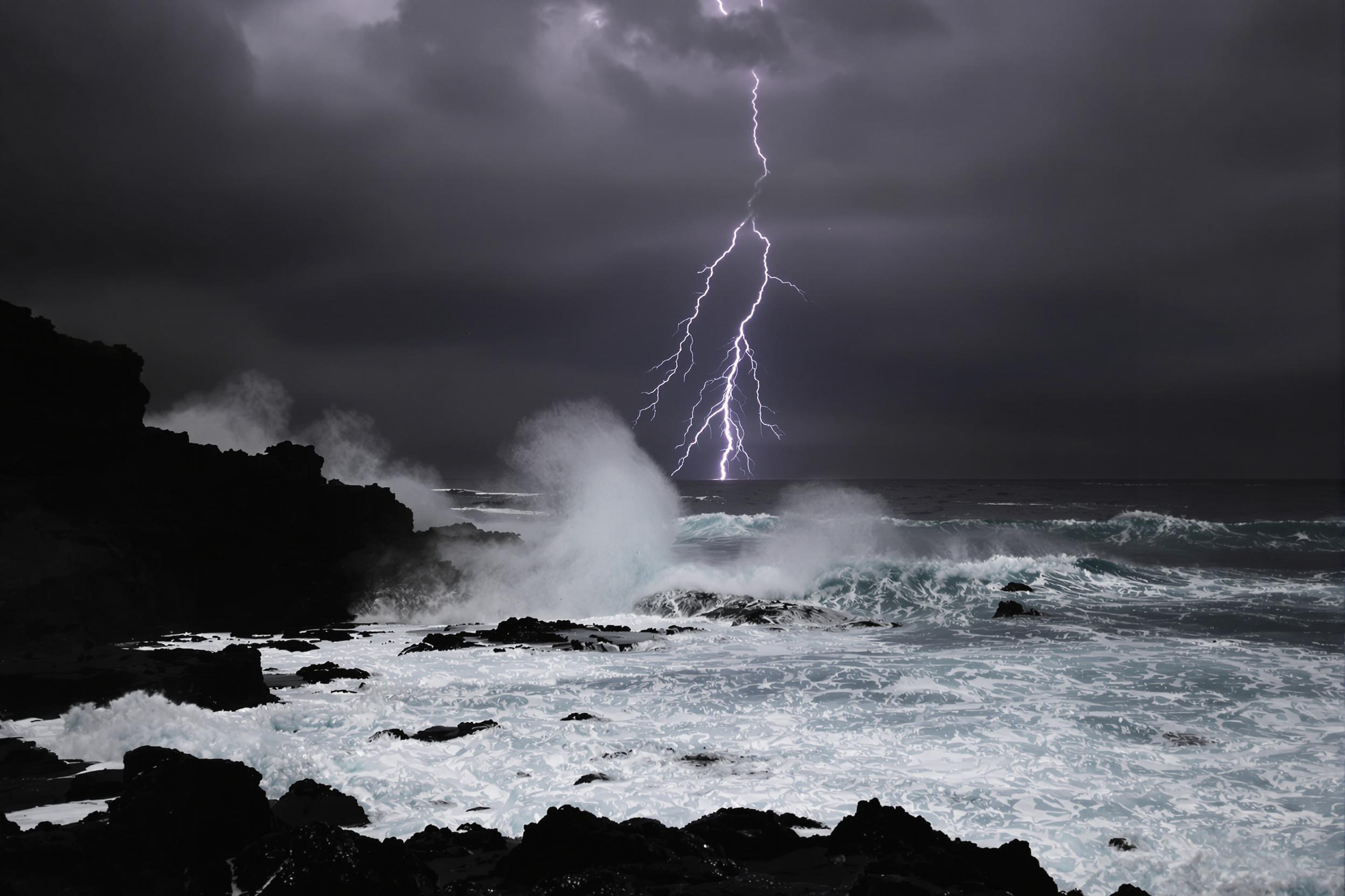 Stormy Coast with Lightning Strikes