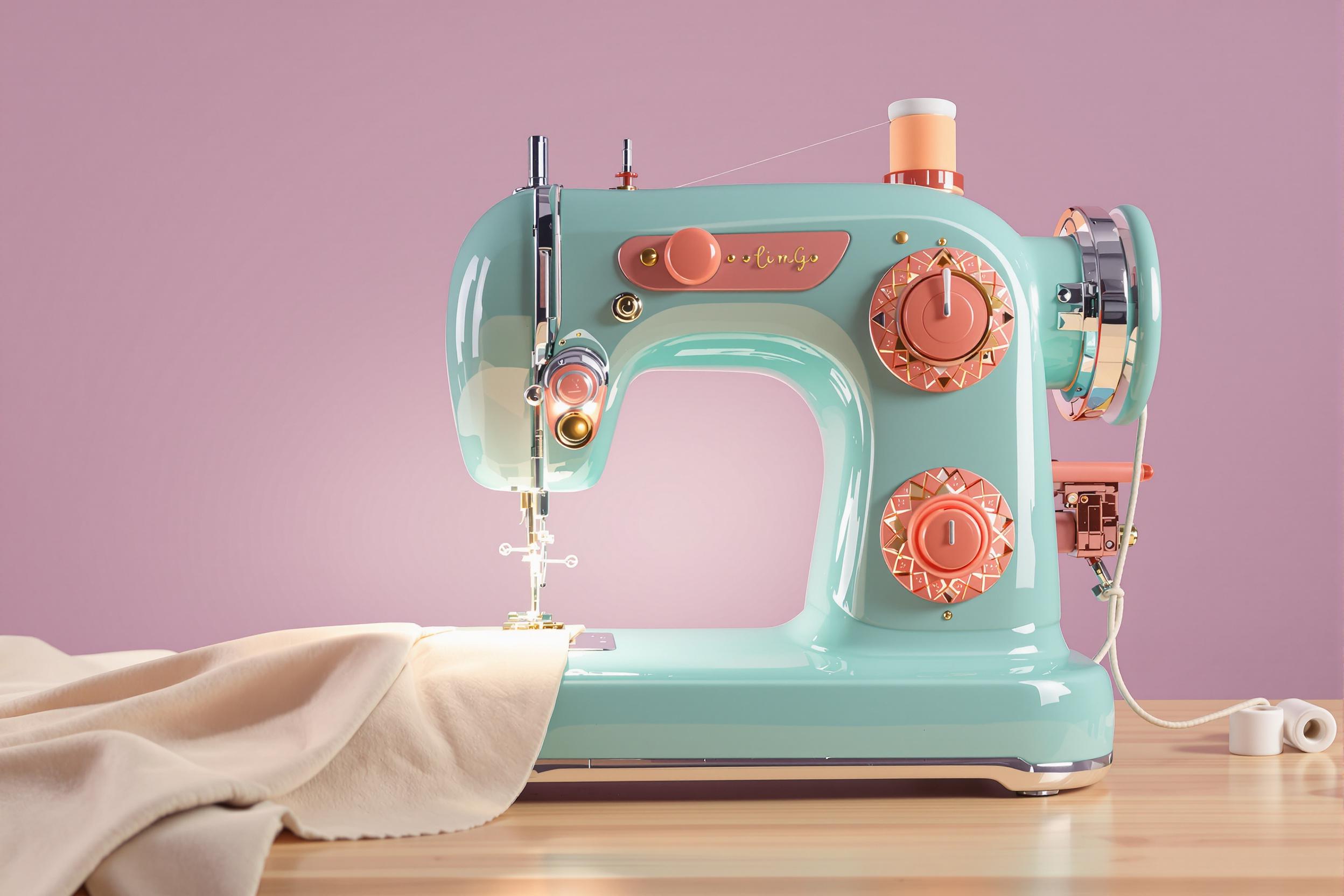 Stylized Vintage Teal Sewing Machine Mid-Action