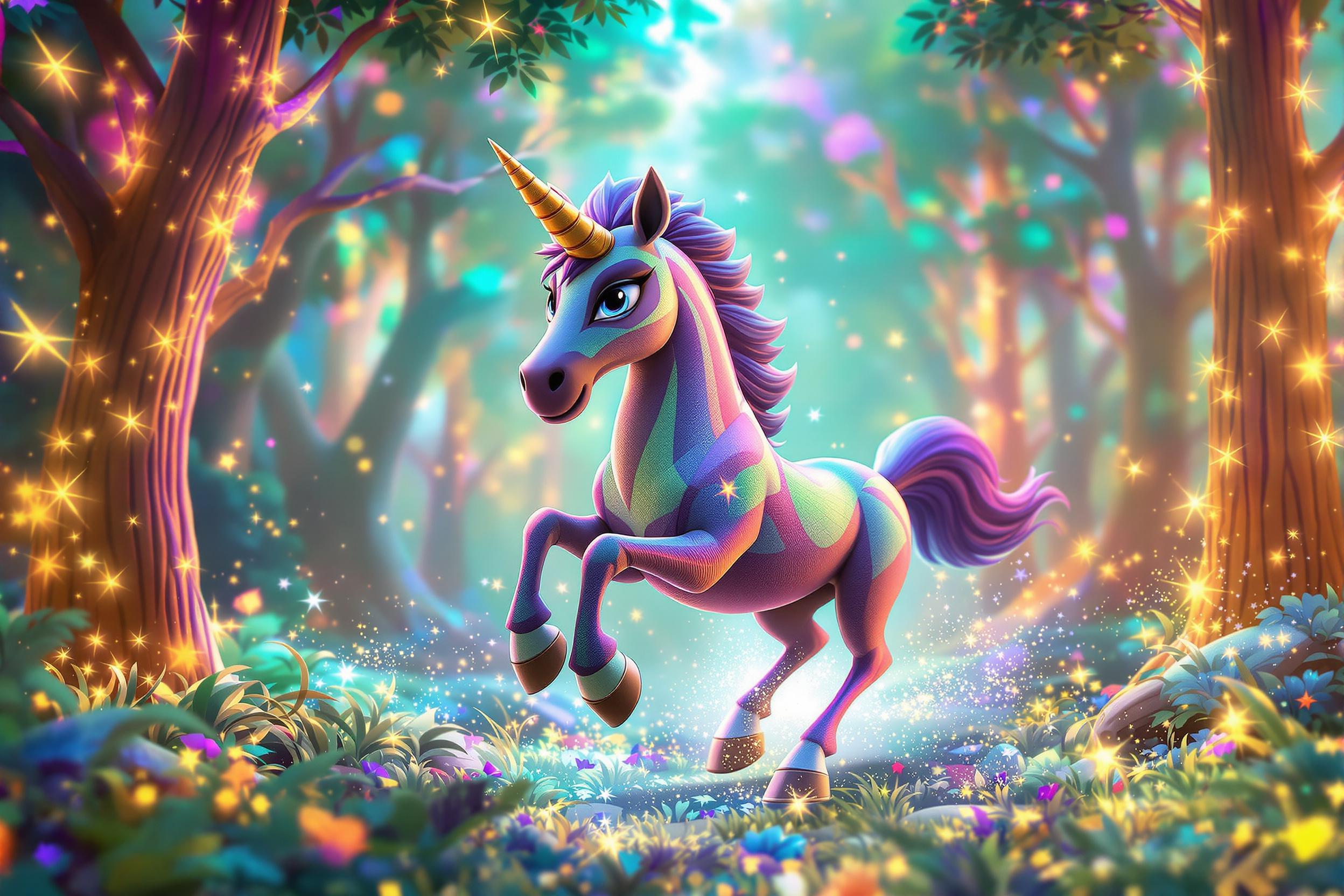 A stylized 3D centaur character dynamically gallops through a vibrant, magical forest lit by iridescent colors. With expressive eyes, sleek, glossy textures accentuate its half-human and half-horse form. A dynamic pose conveys swift motion as shimmering magical elements ripple around their strides. The scene features bright hues of teal, violet, and golden light filtering through enchanted trees in the soft gradient background. Soft glow and reflective surfaces emphasize the fantasy-inspired charm.