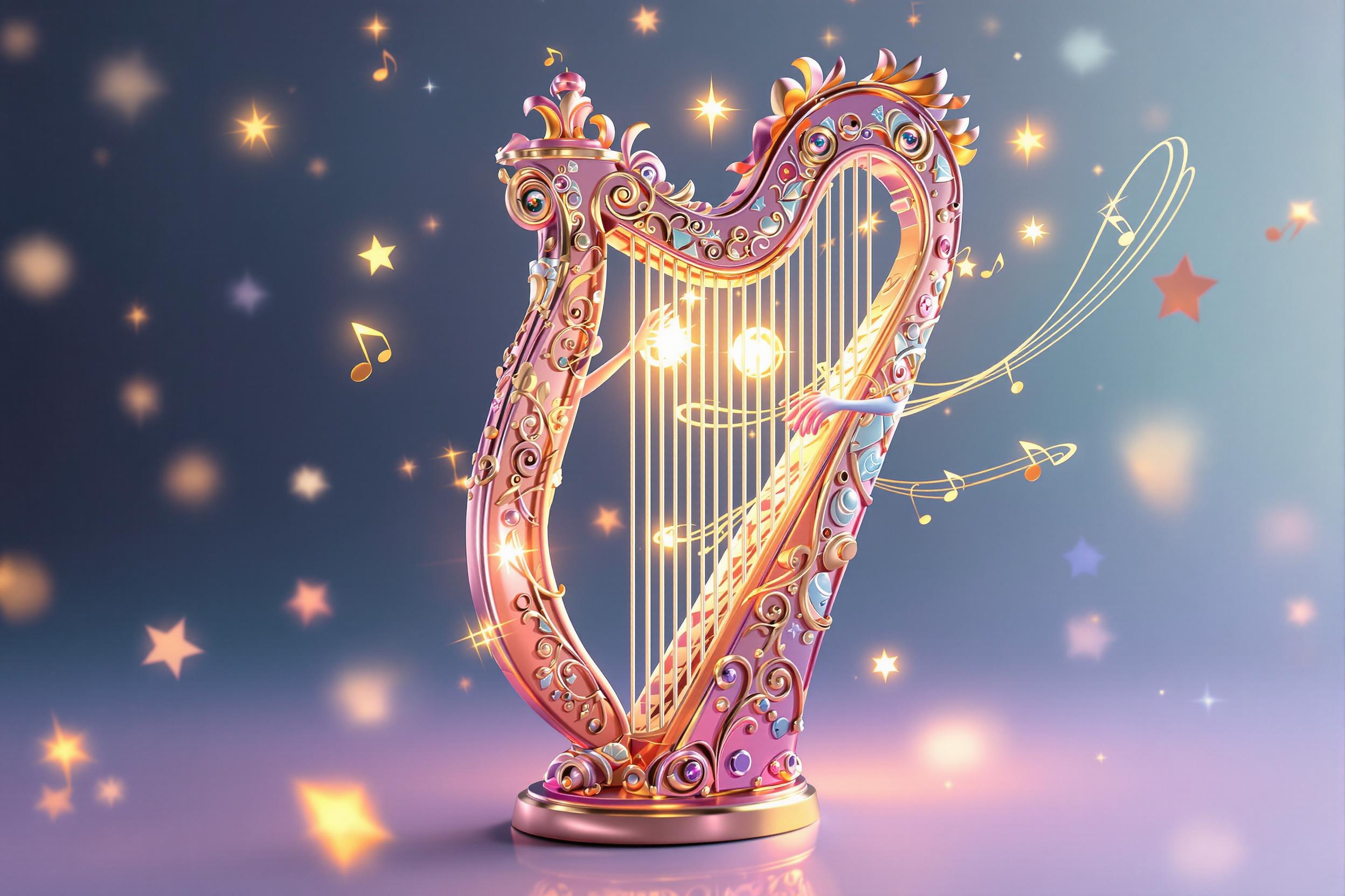 Stylized 3D Celestial Harp Character Mid-Melody