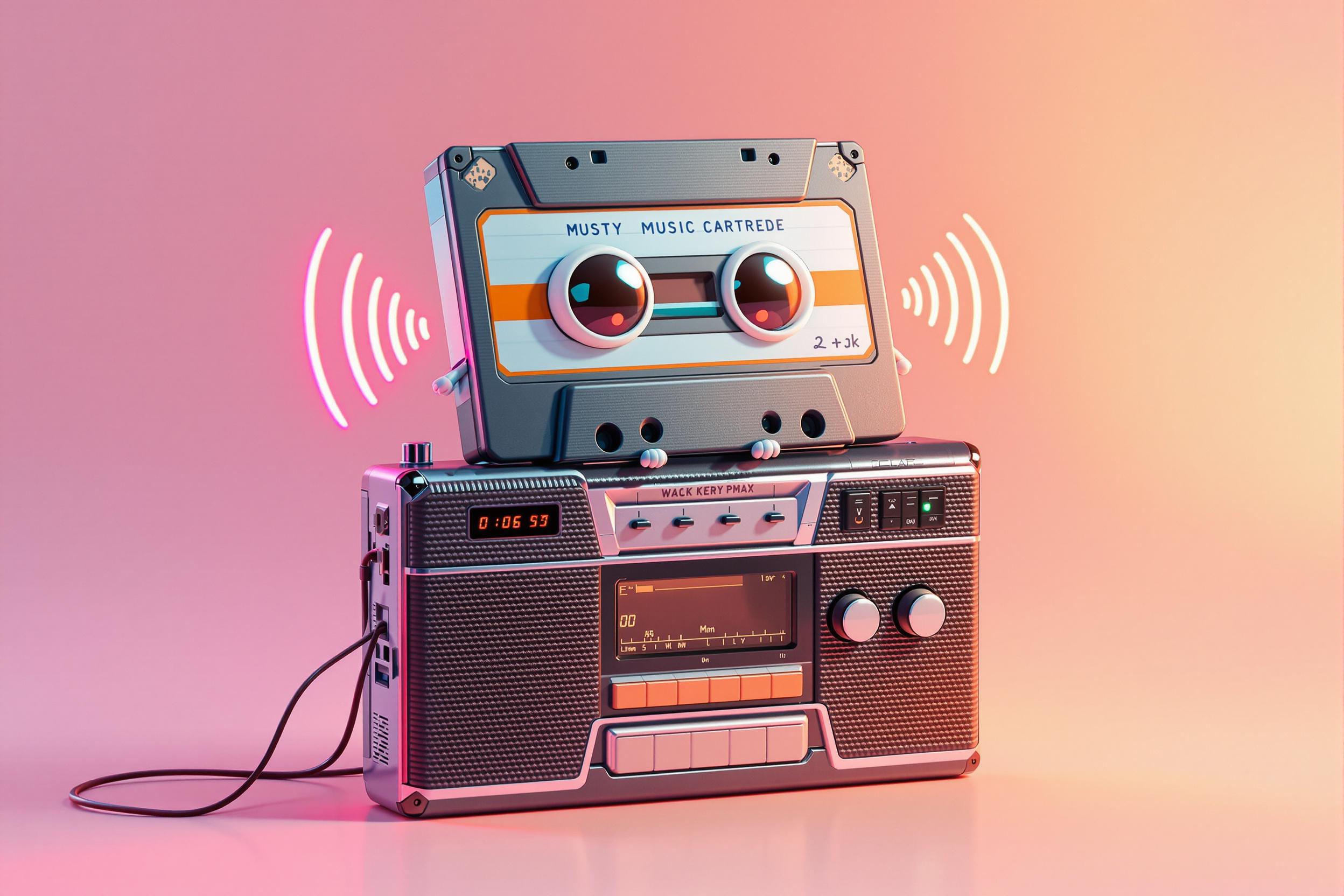 Stylized 3D Anthropomorphic Cassette On Walkman