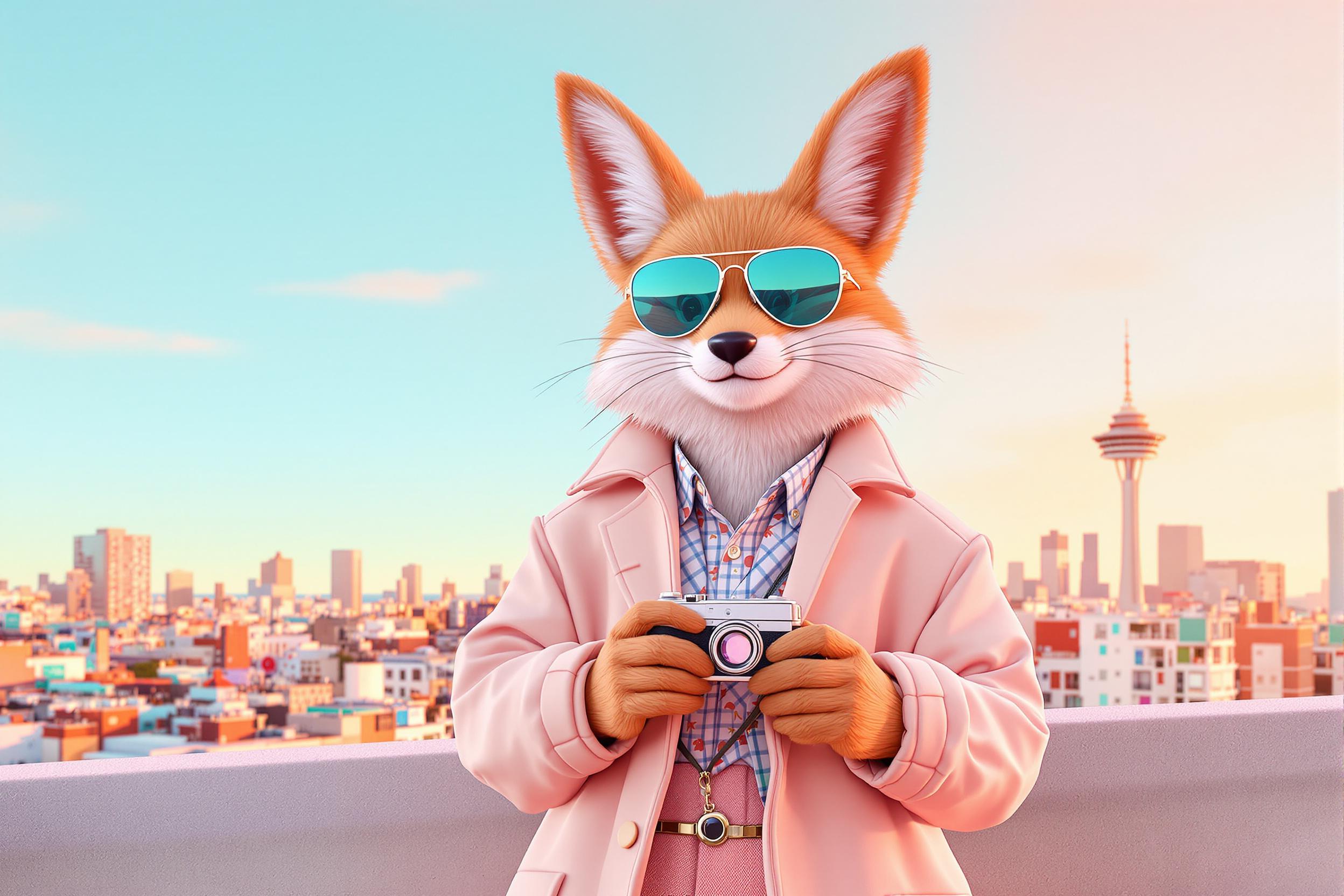 Stylized 3D Anthropomorphic Fox Photographer Capturing Rooftop Charm