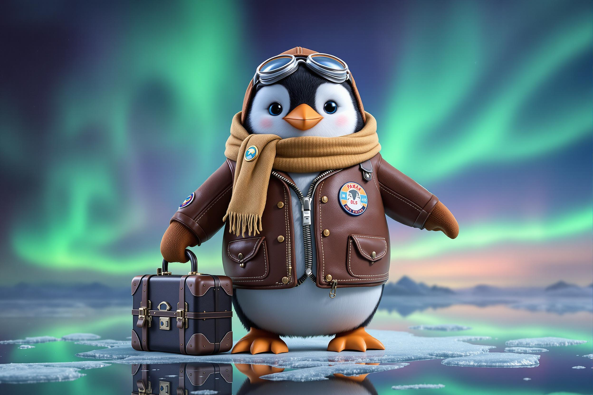 Stylized Penguin Aviator Under Aurora