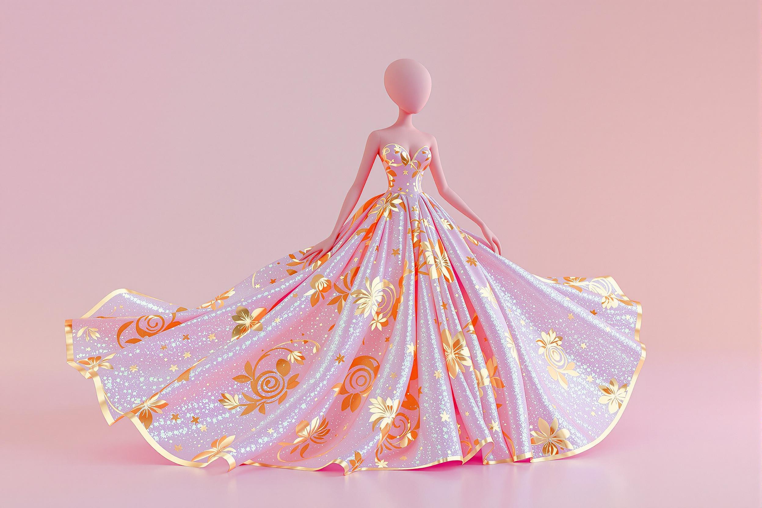 Stylized 3D Fashion-Forward Humanoid in Holographic Evening Gown