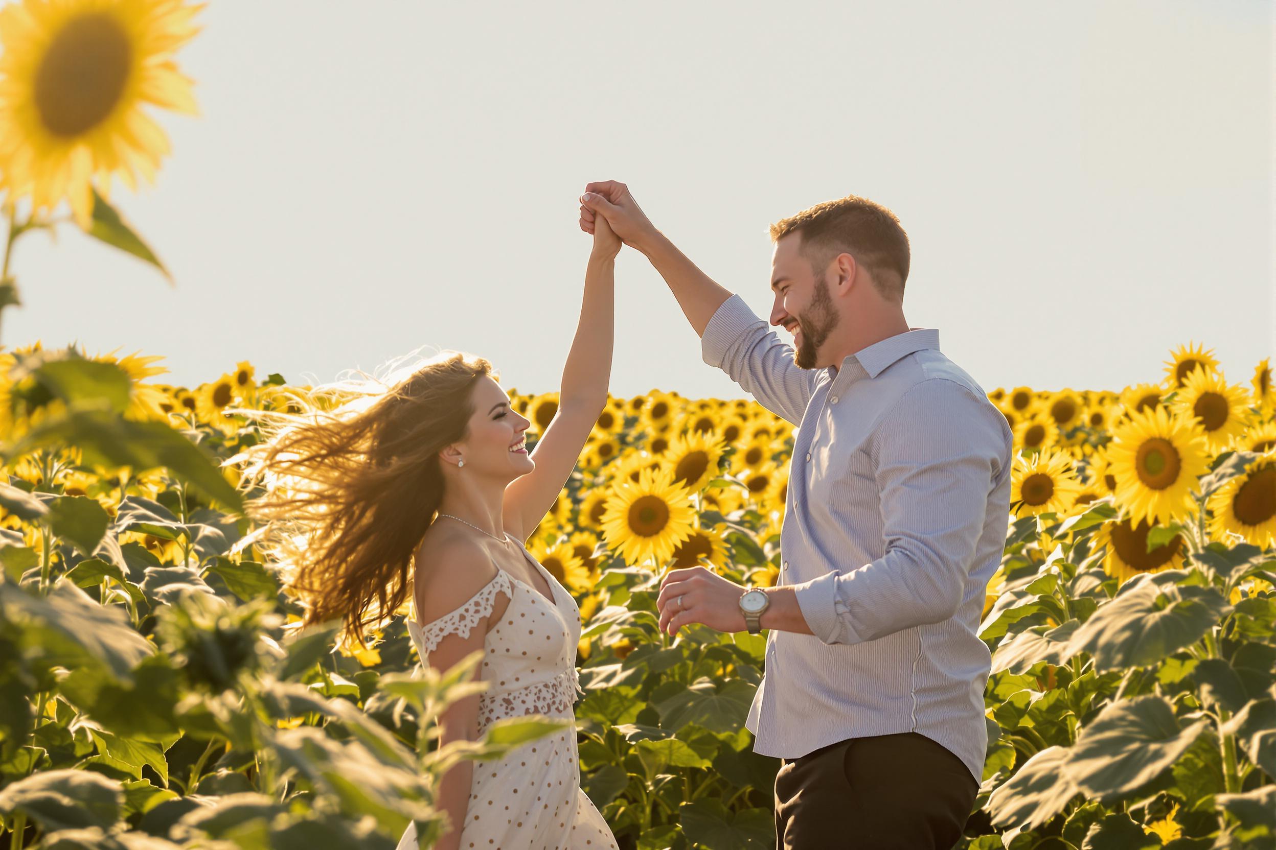 Young Couple Dancing in a Sunflower Field at Sunset
