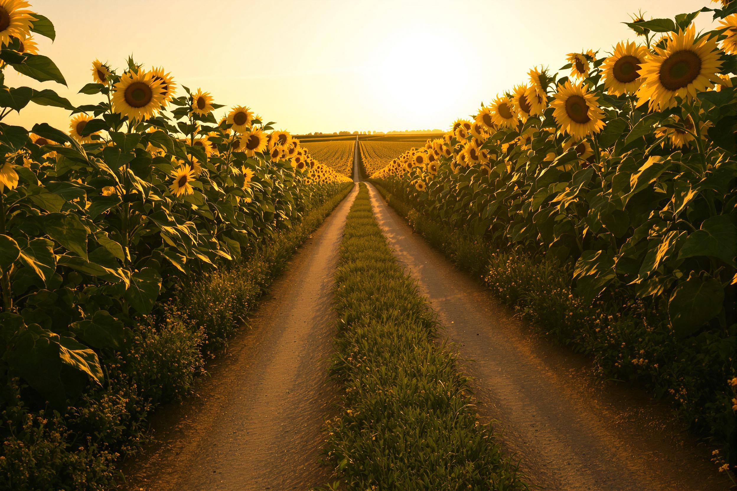 Dirt Road Through Glowing Sunflower Fields