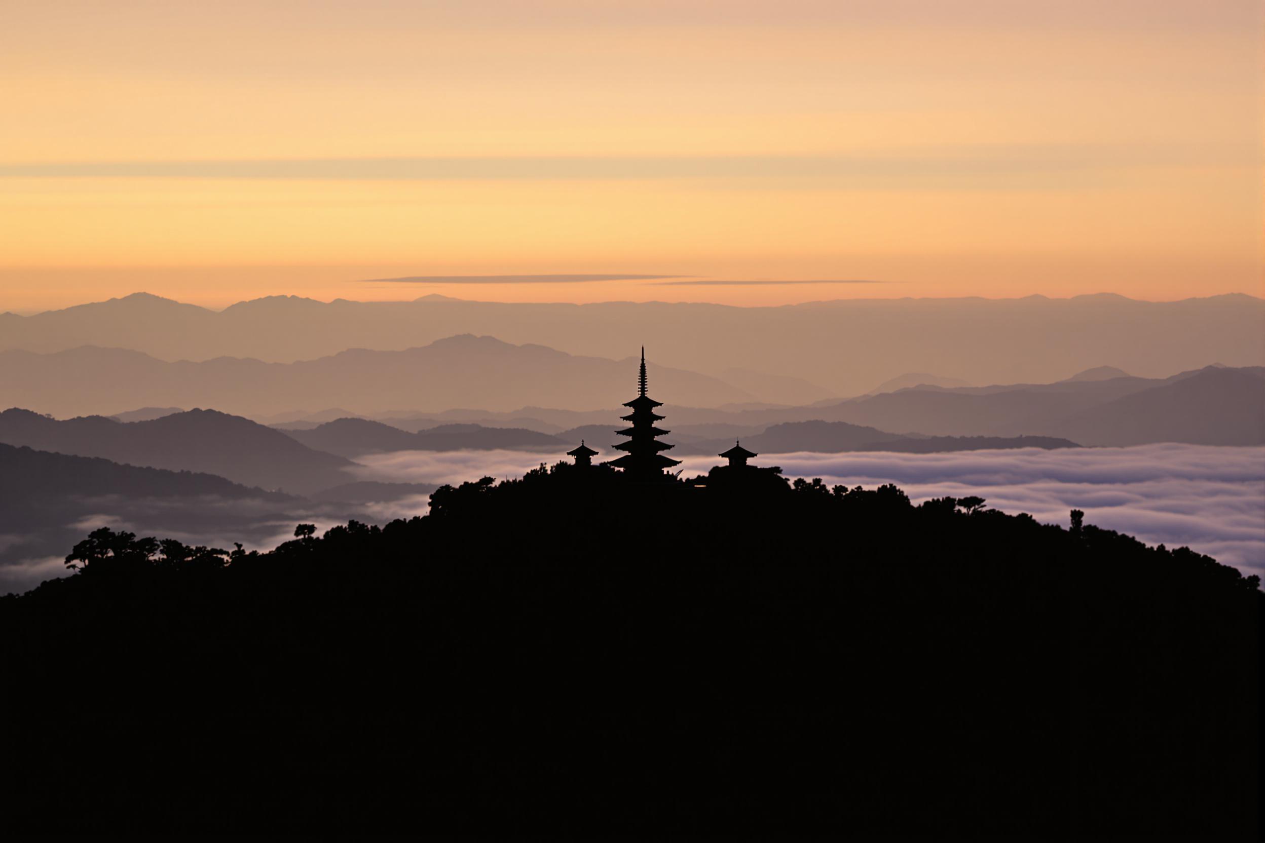 Twilight Mountain Pagoda with Misty Valleys