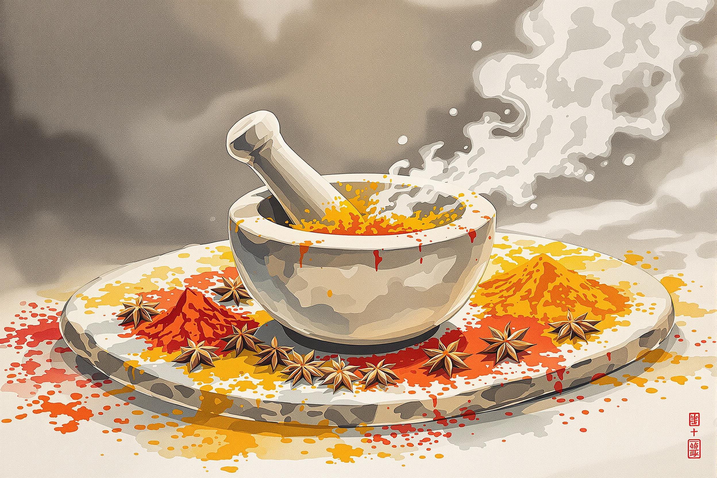 Traditional Mortar Amid Spices Watercolor Scene