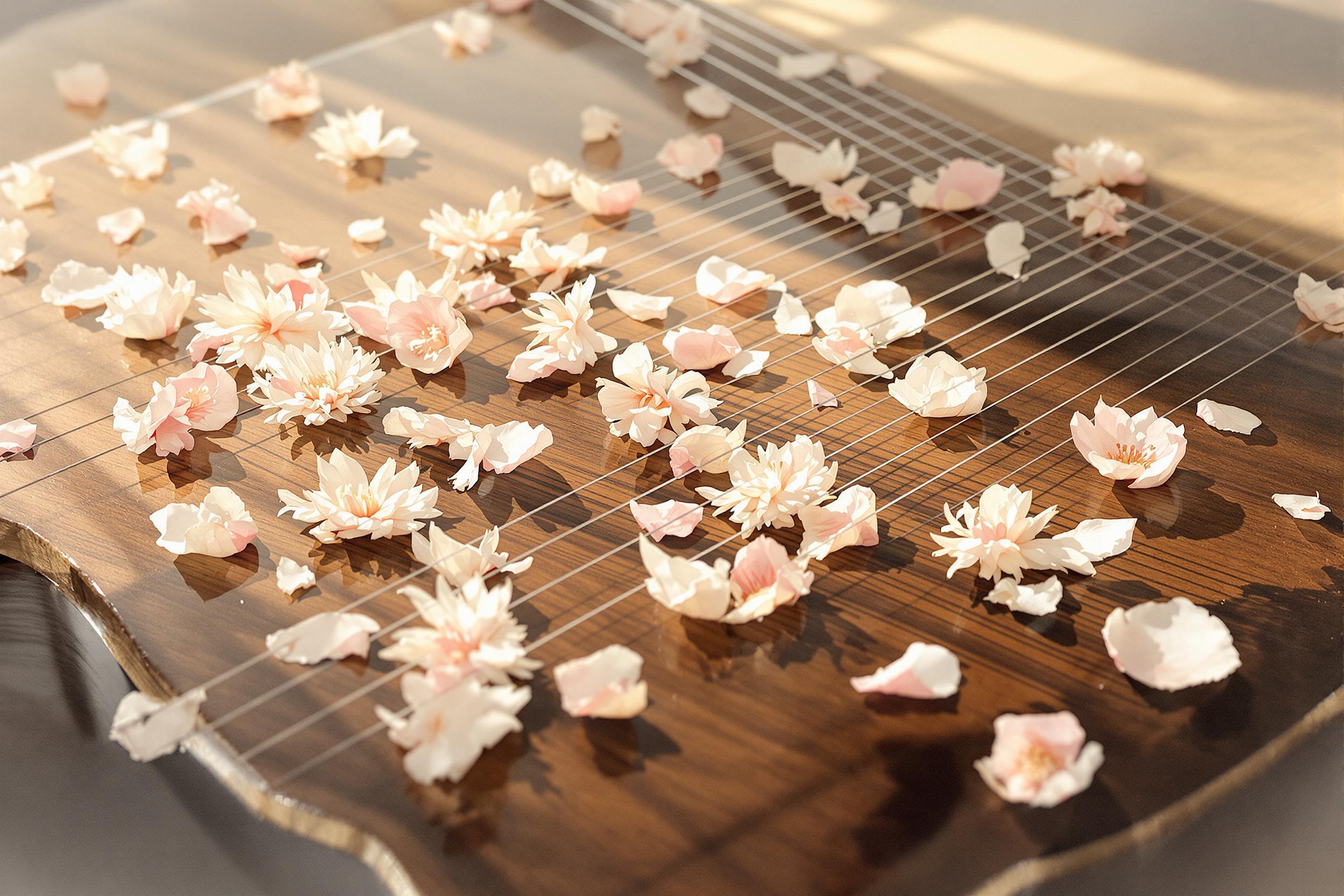 Serene Chrysanthemums Scattered Across a Koto