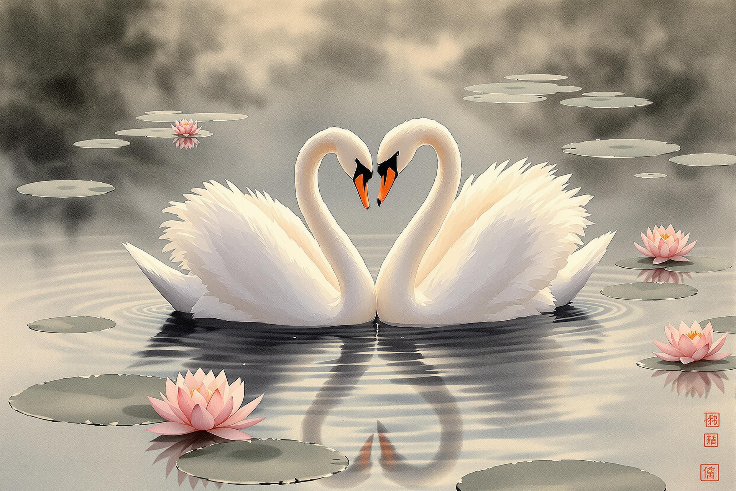 Twilight Harmony: Swans on Lotus Pond