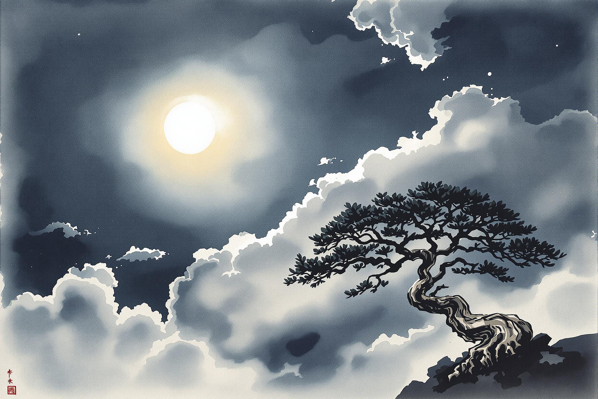 Cherry Bonsai Framing Radiant Midnight Moon