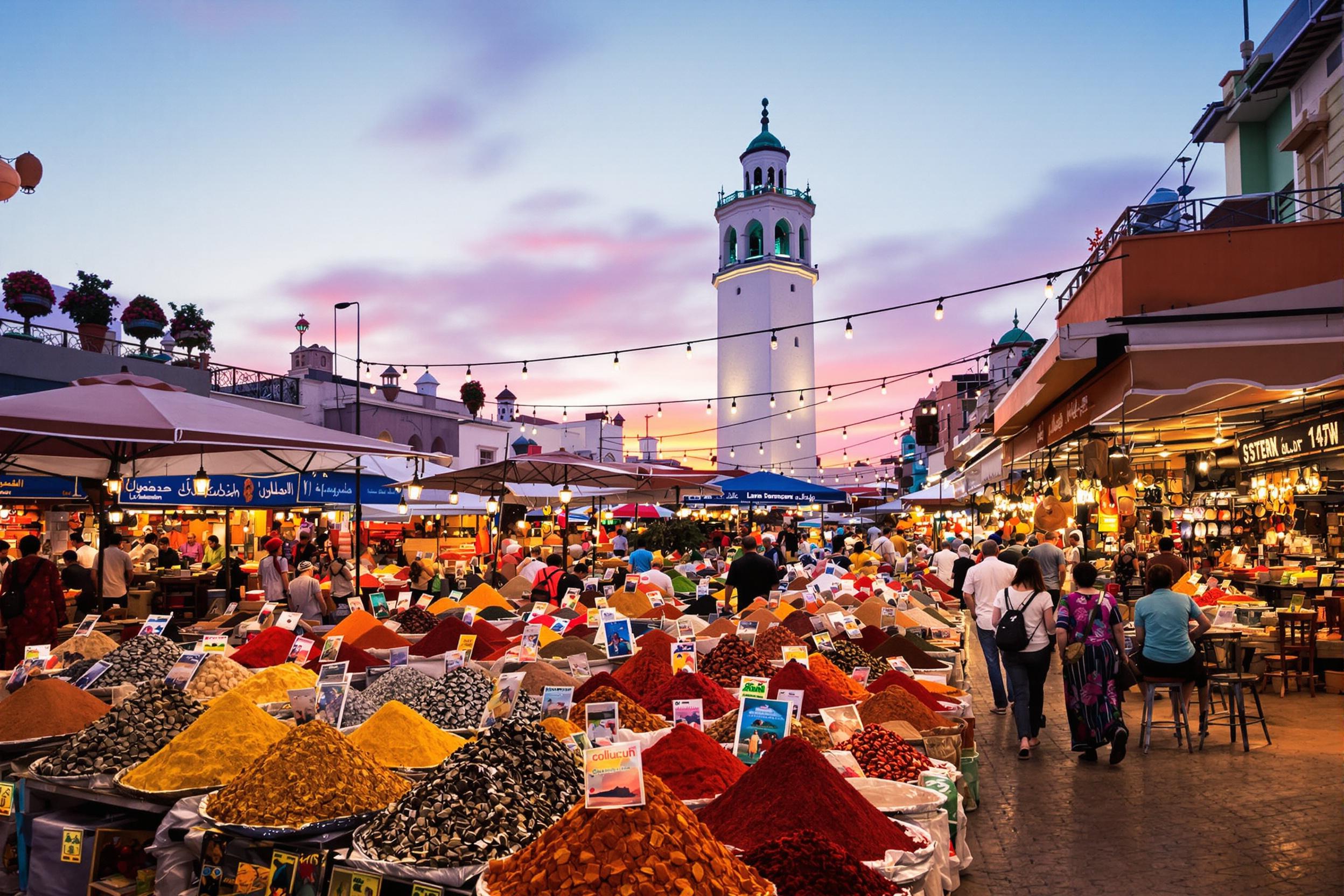 Vibrant Moroccan Spice Market at Dusk