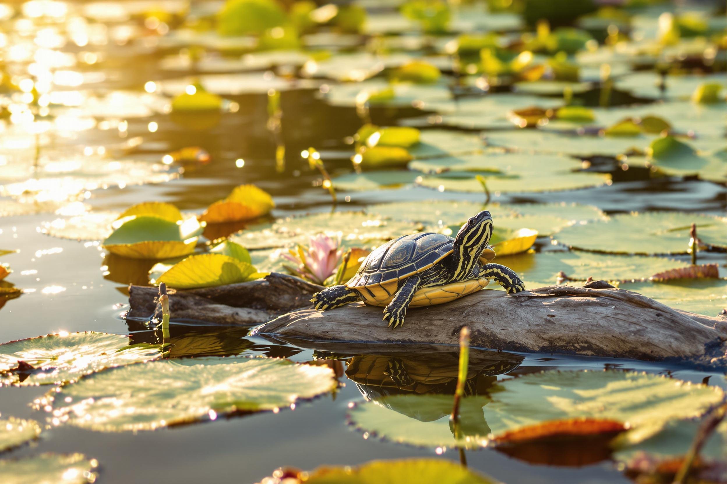 Golden-Hour Basking Turtle on Lilypad Pond