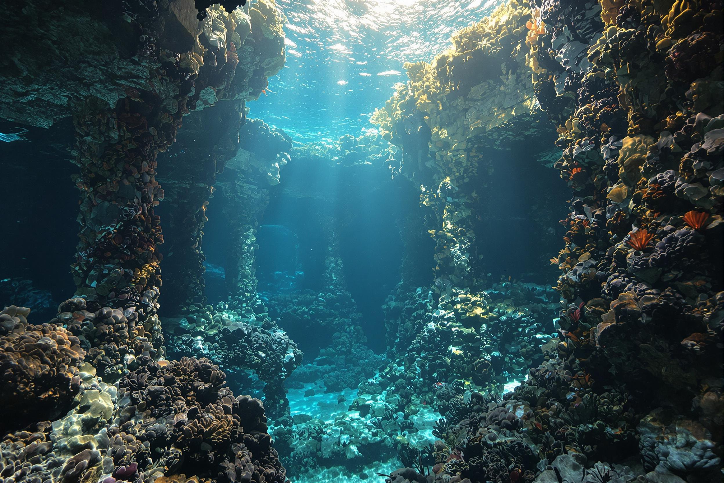 Divers Exploring Submerged Ancient Temple Illuminated by Piercing Sunbeams