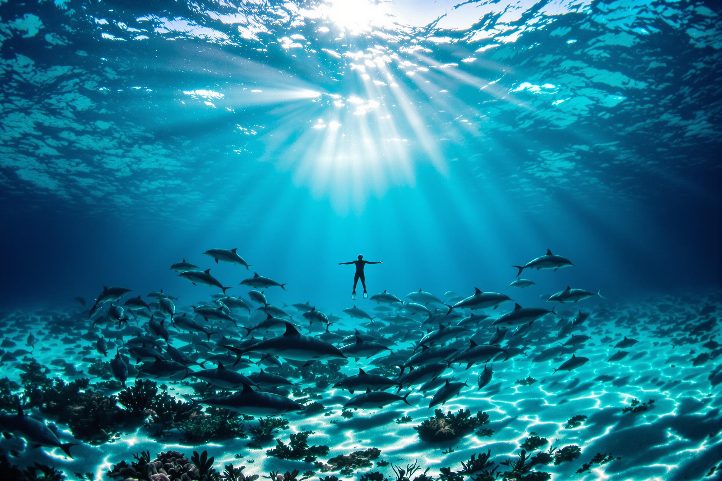 Free Diver Among Dolphins Under Sunlit Ocean