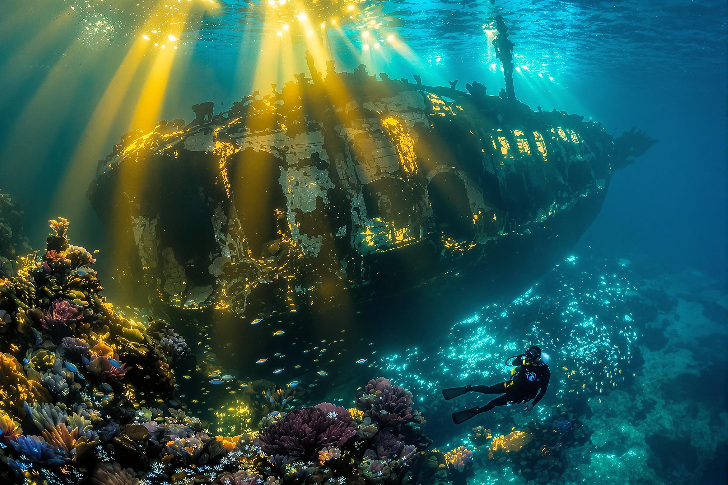 Ethereal Shipwreck and Diver Illumination