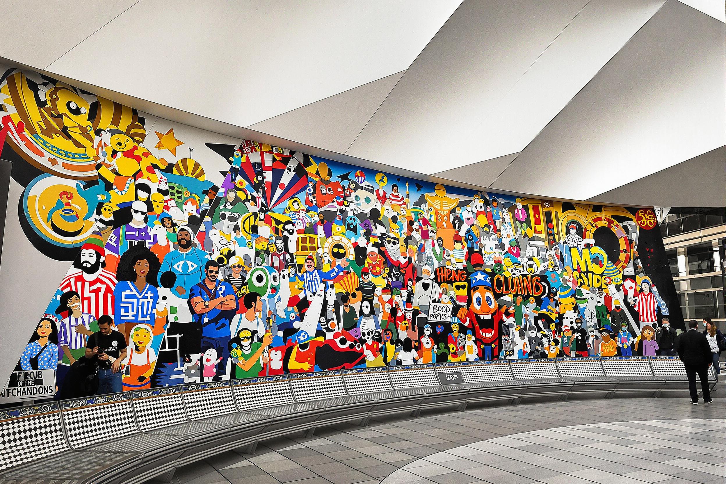 Vibrant Mural Wall With Urban Architectural Frame