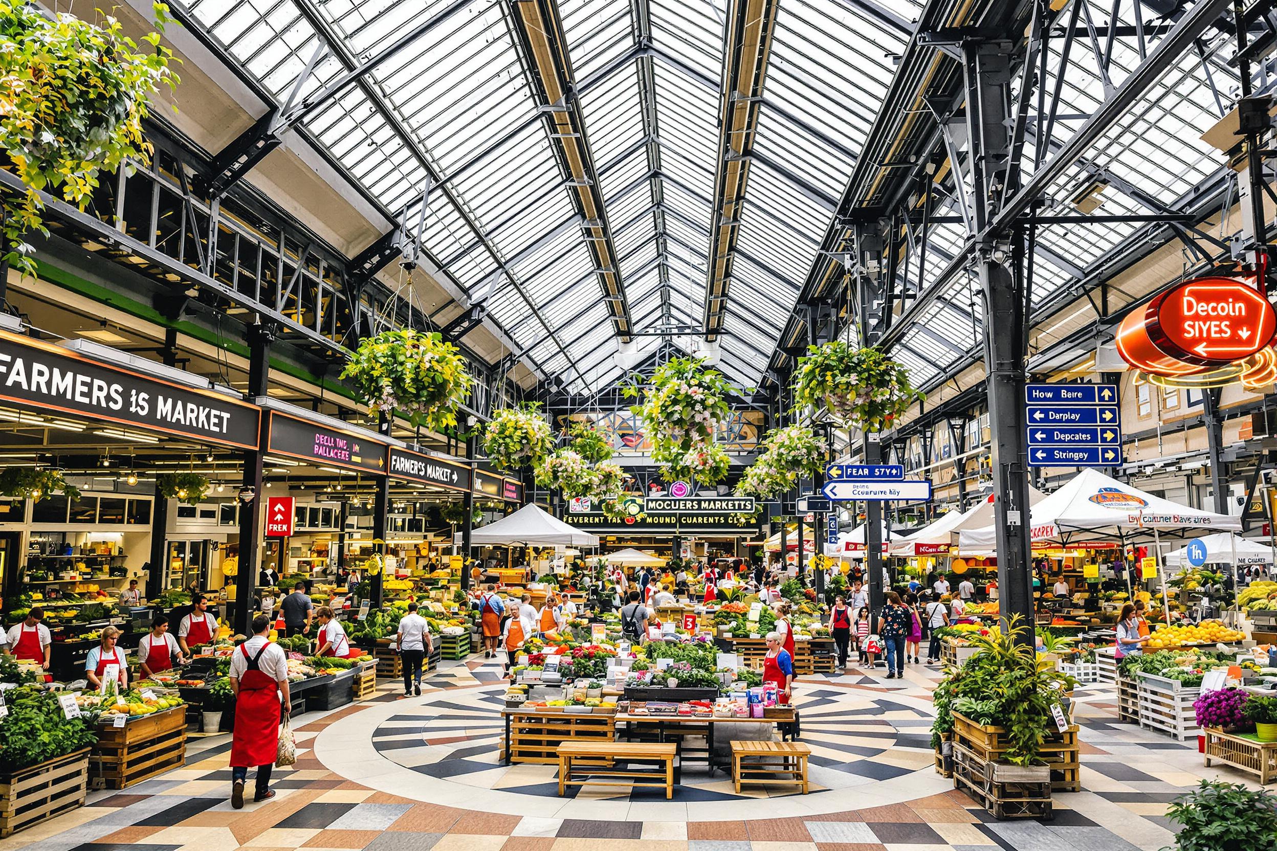 Vibrant farmers market inside industrial arcade