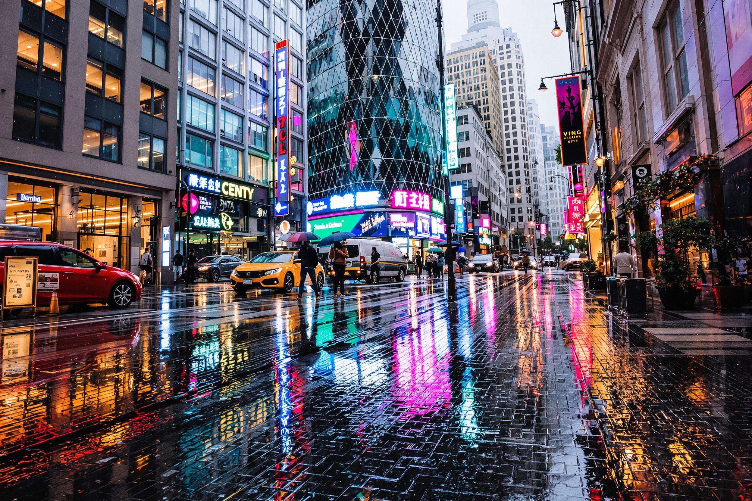 Rainy Evening Reflections in Financial District