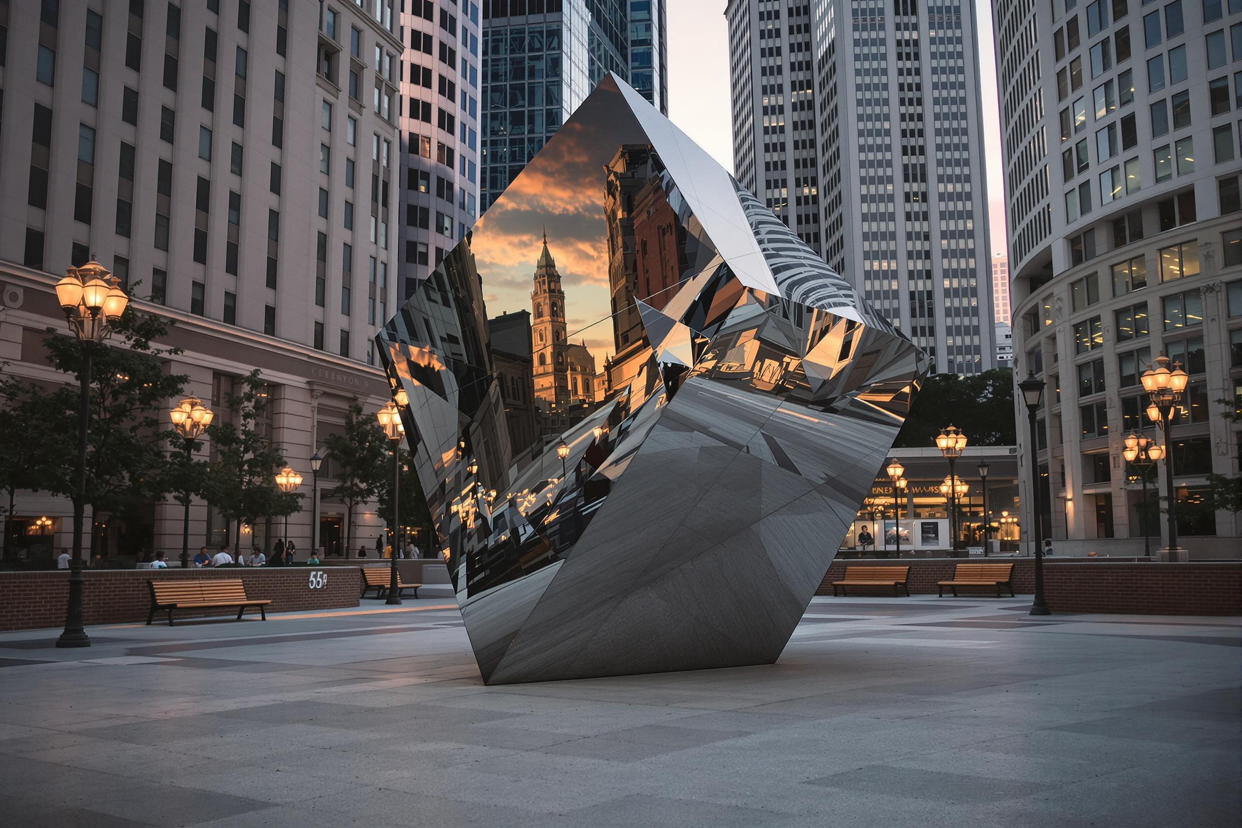 Mirrored Art Installation at Urban Plaza During Dusk