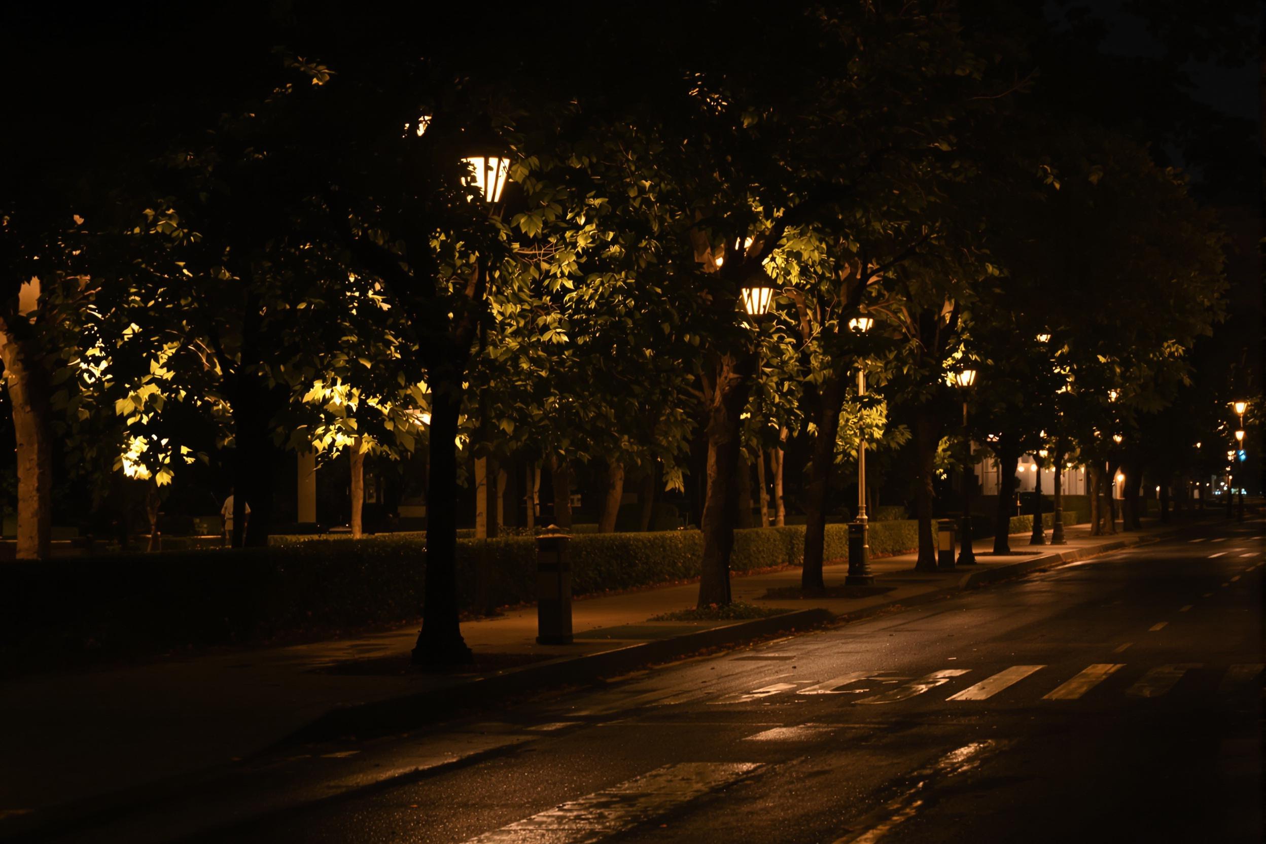 Serene Late-Night Street Scene with Glowing Lampposts