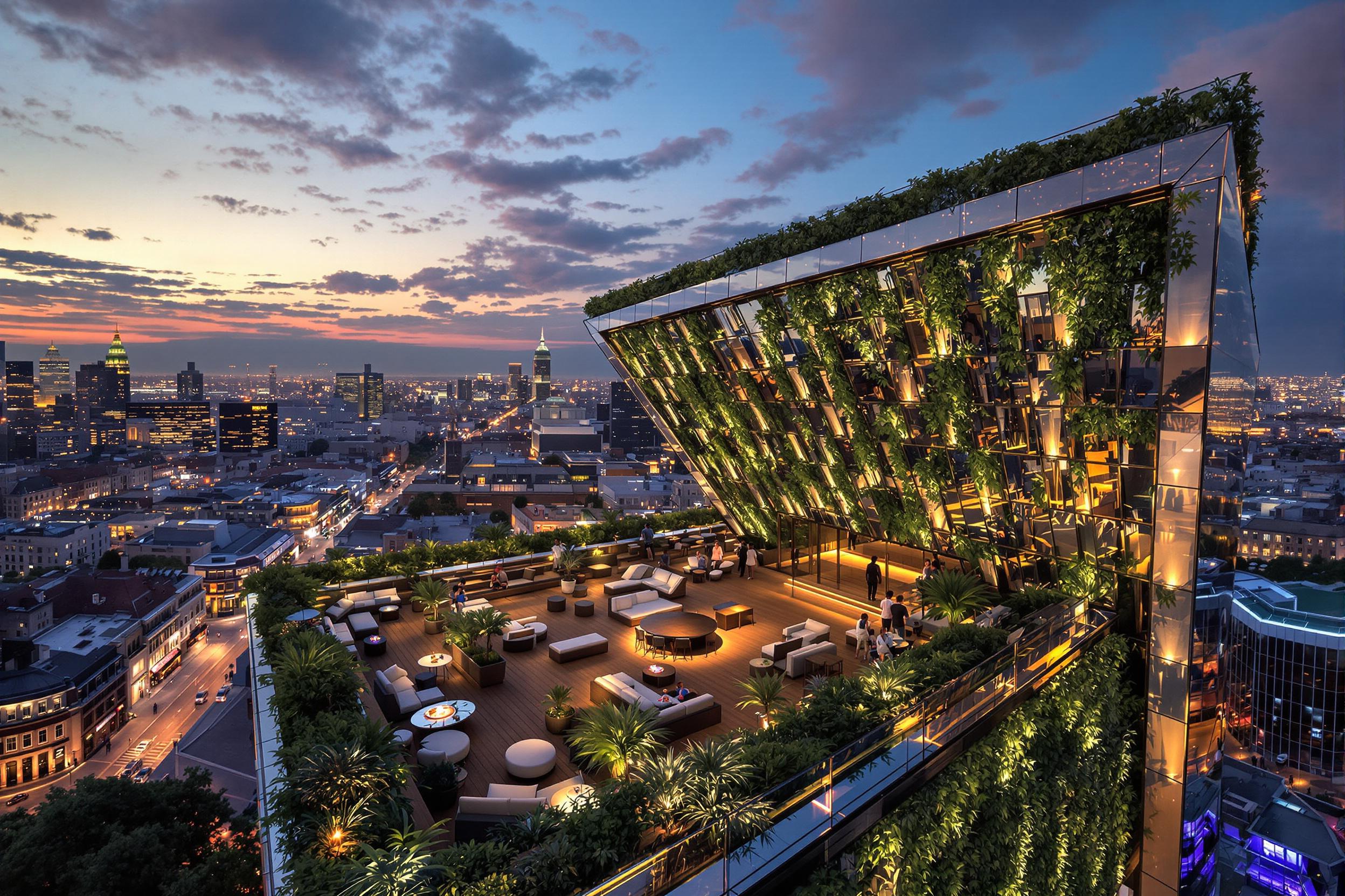 Angular rooftop bar under twilight