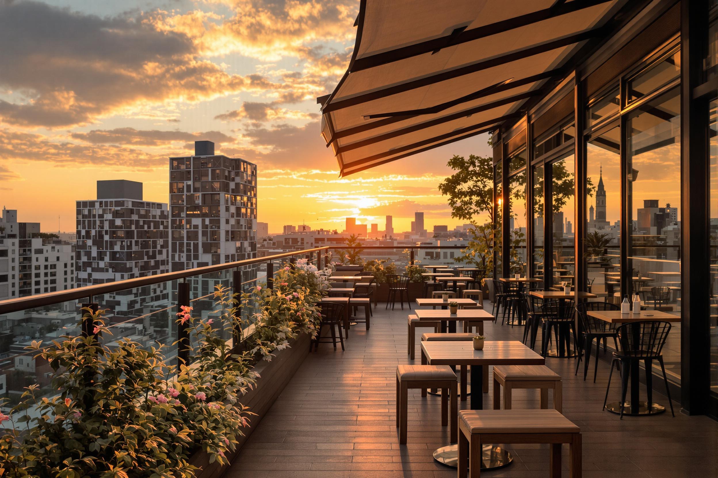 Urban Rooftop Sunset View With Minimalist Cafe Introspection