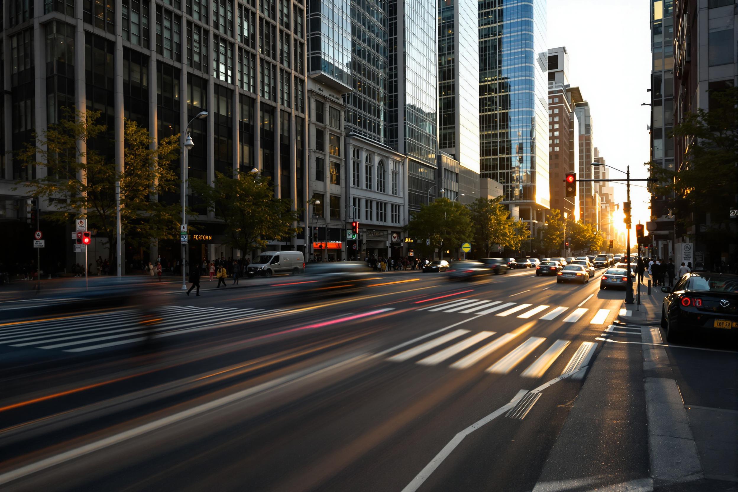 Golden Hour Intersection in Vibrant City