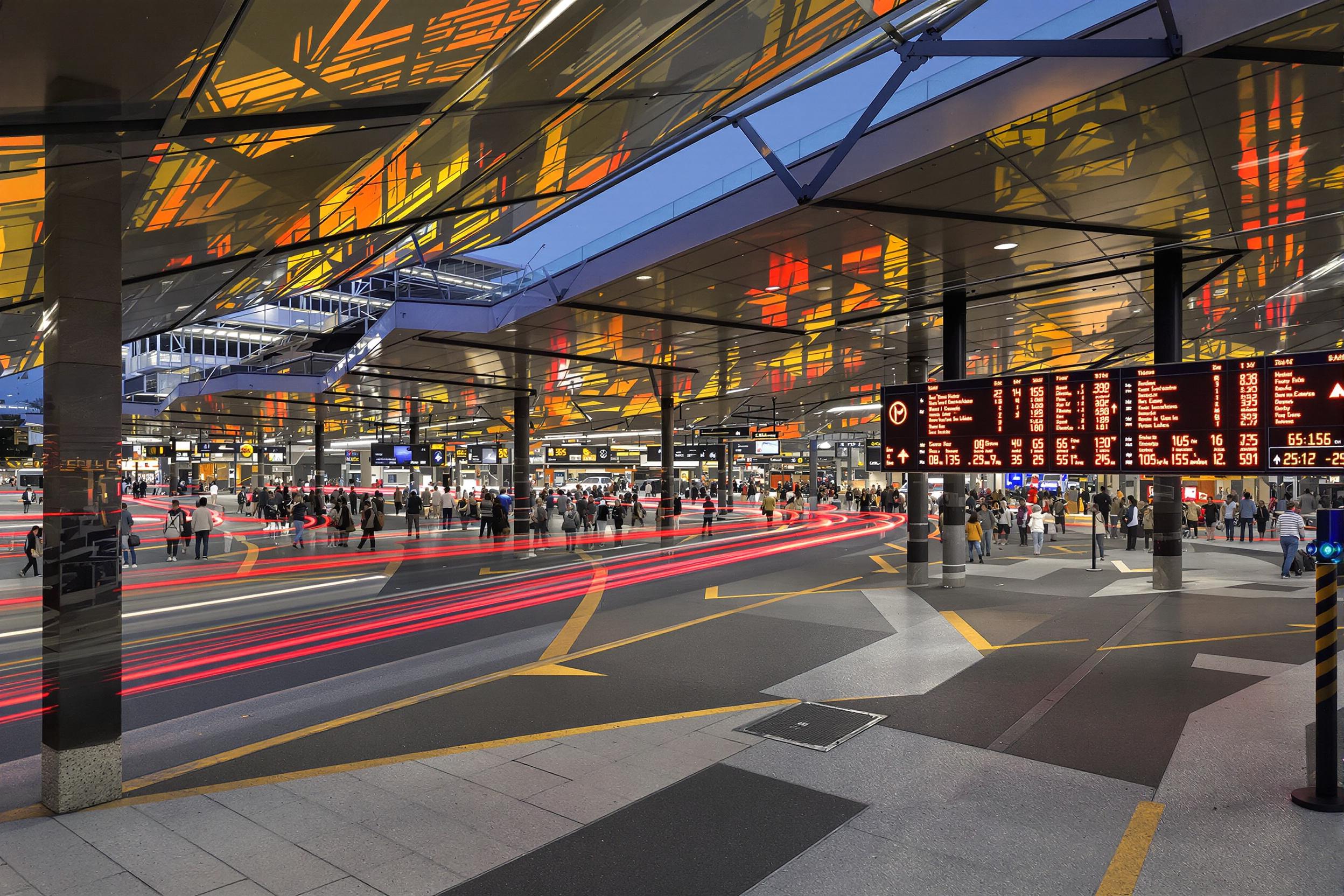 Dynamic bus terminal under twilight atmosphere