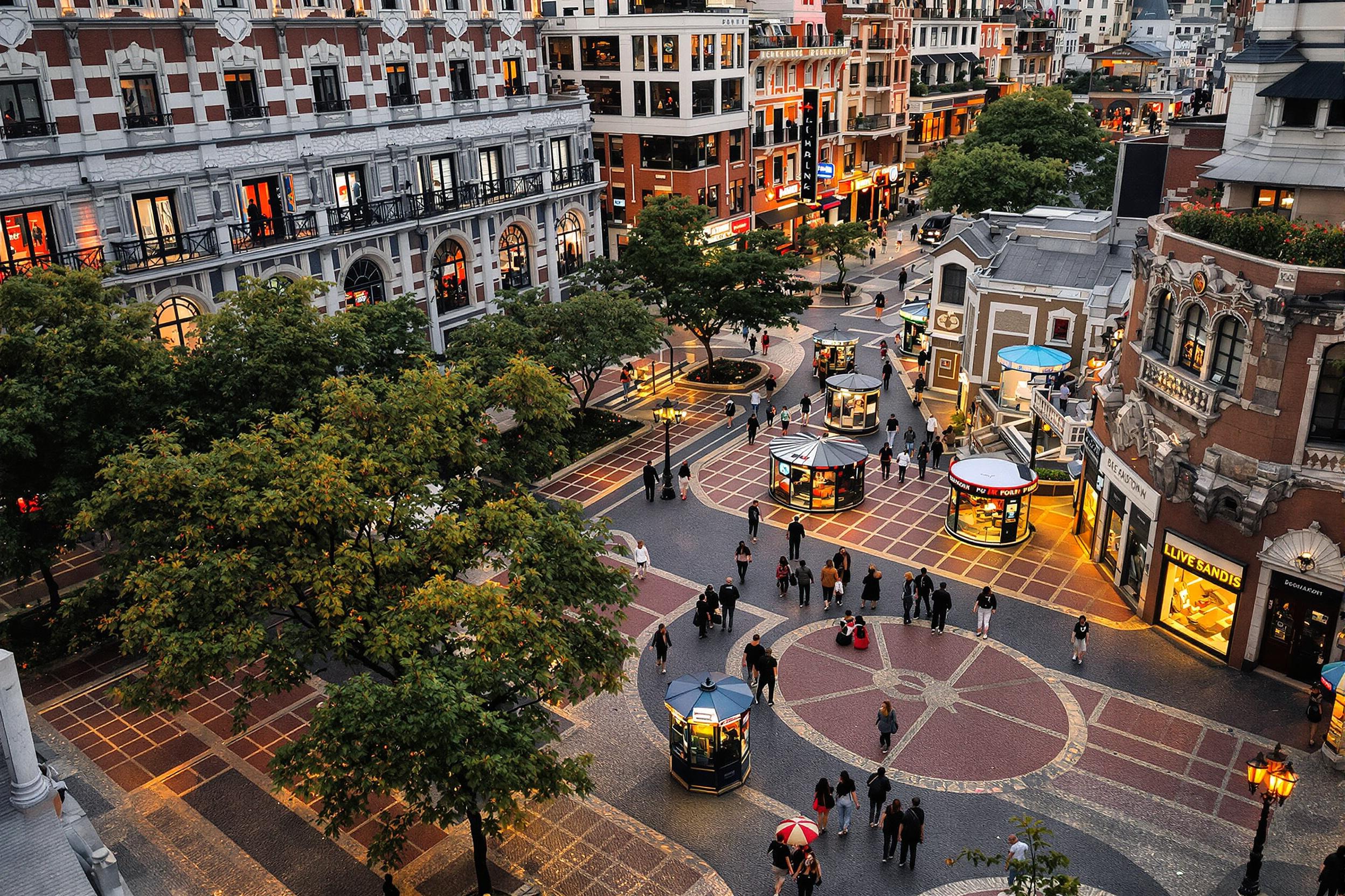 Vibrant Urban Square at Twilight: Evening Modern-Layer Charm Fusion