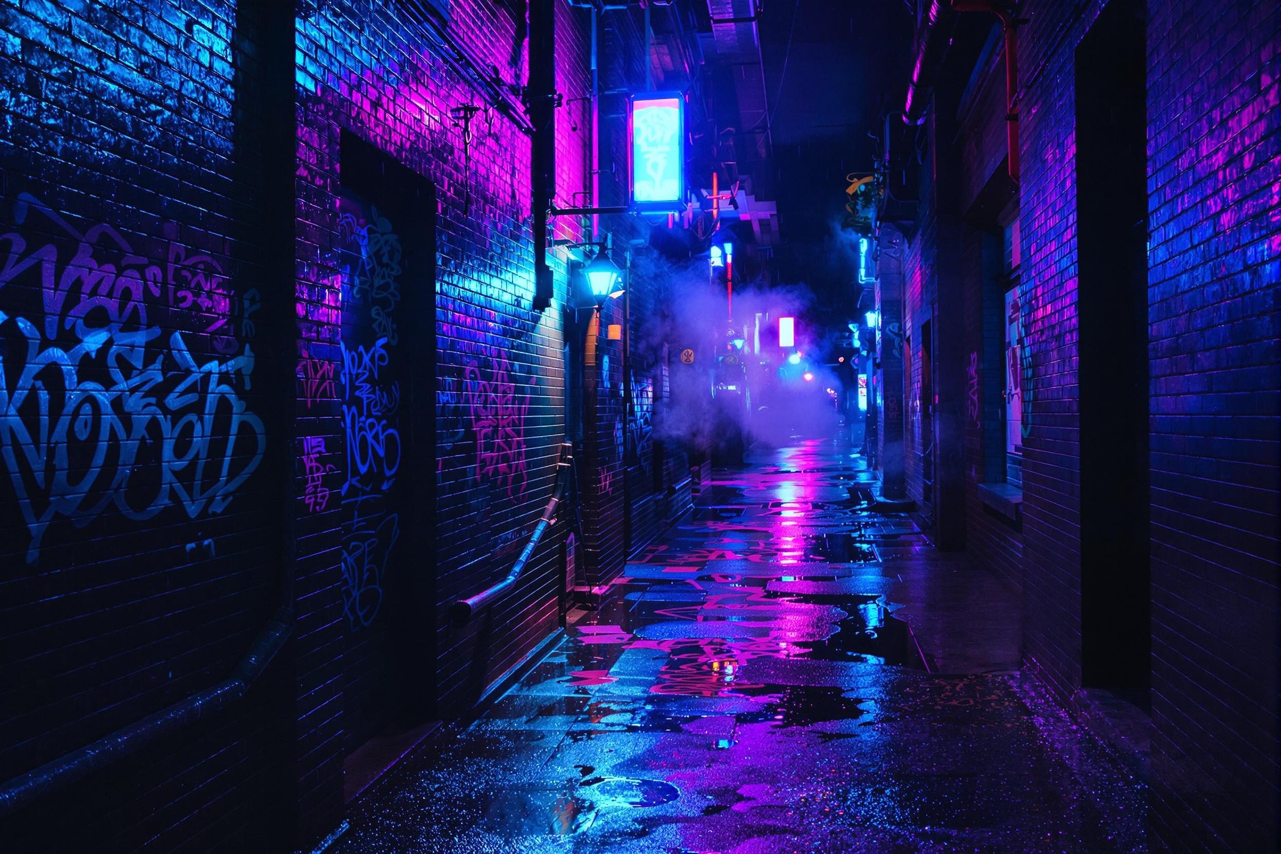 Moody Neon Alley After Rain