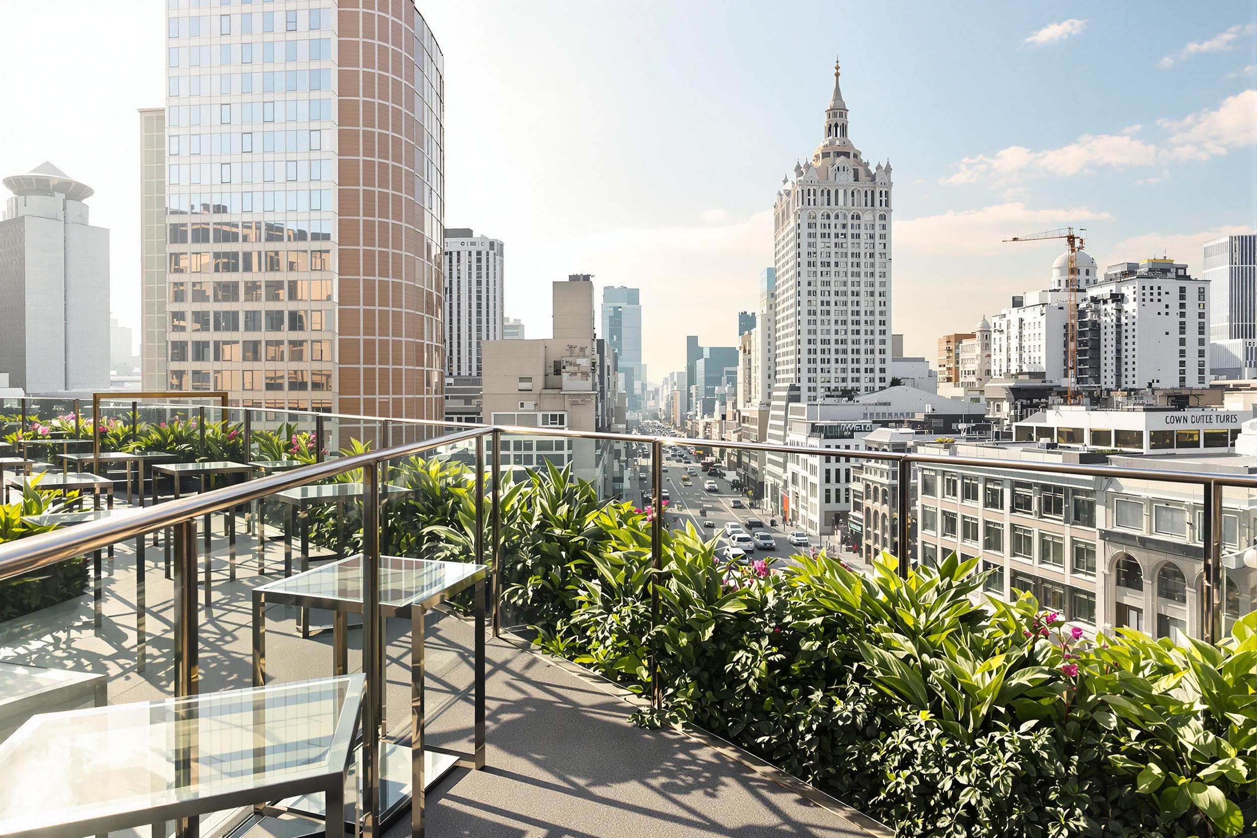 Rooftop Café Serenity Over Early Morning City Pulse