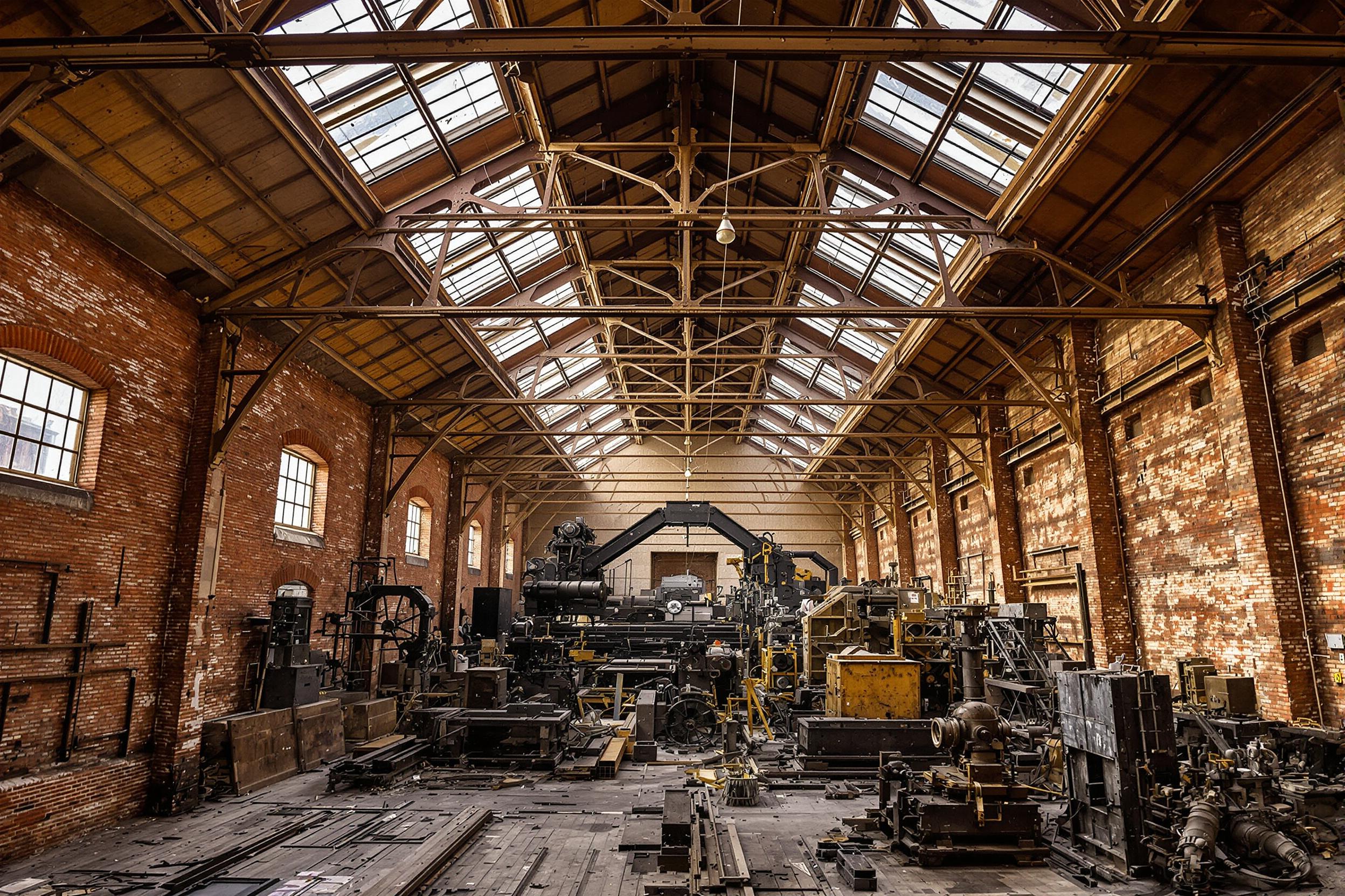 Golden Light Filters Through Historic Urban Factory