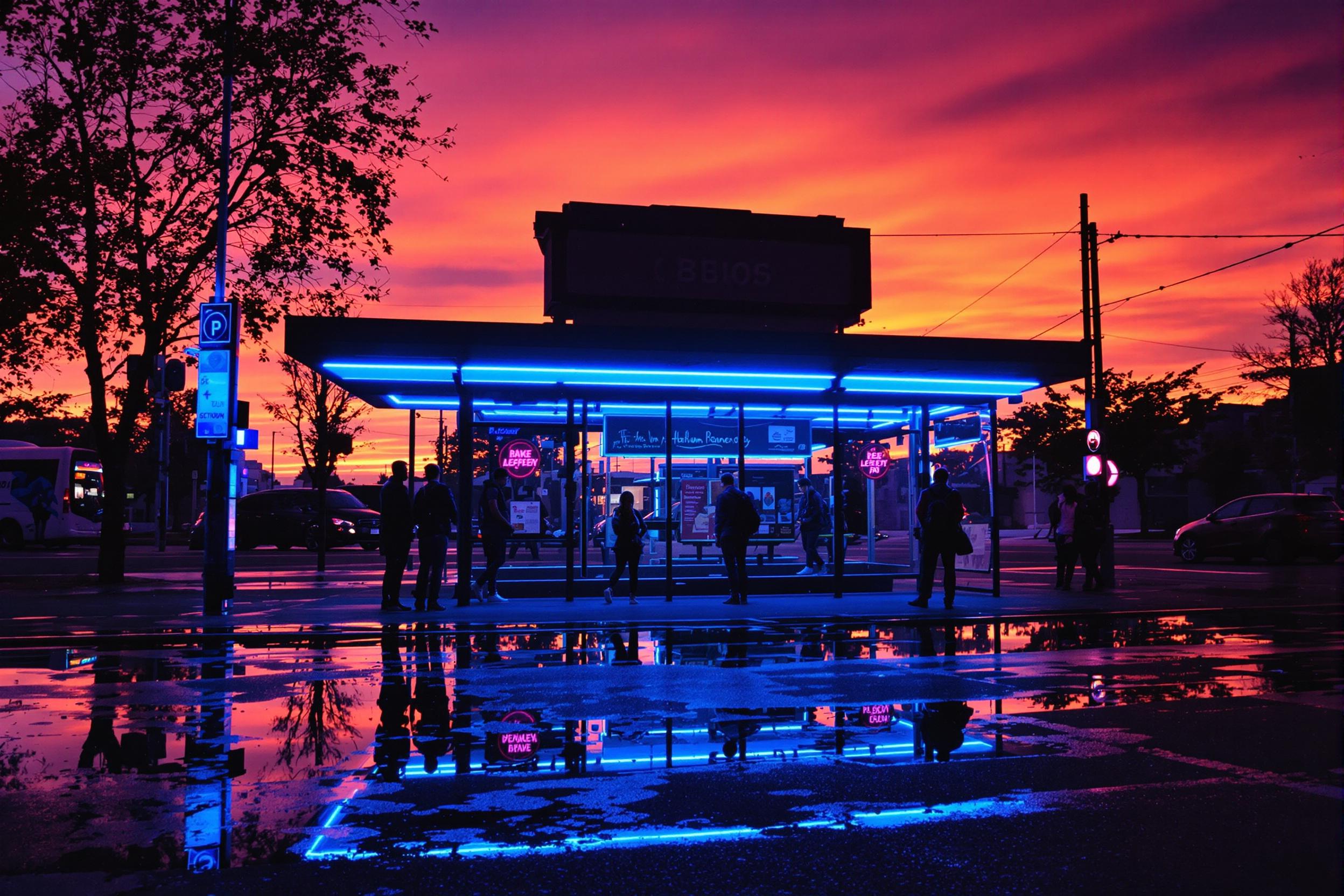 Urban Bus Stop at Twilight with Vibrant Neon Reflections